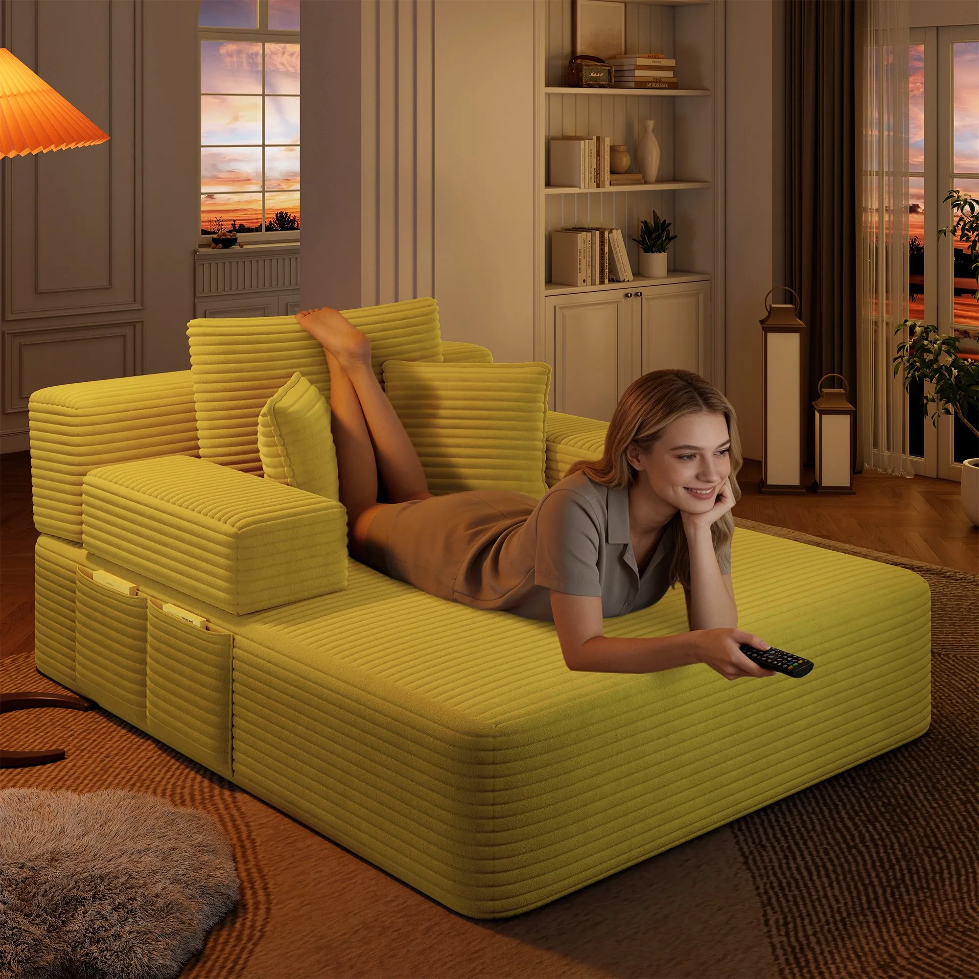 Oversized Plush Corduroy Chaise Lounge Sofa Bed, Convertible