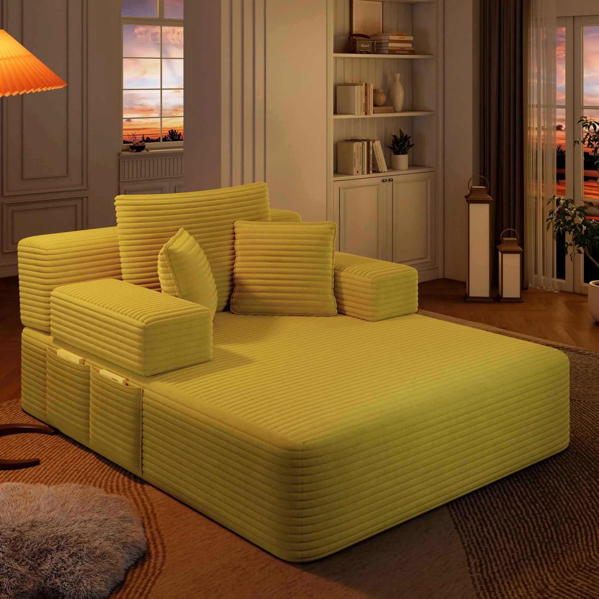 Oversized Plush Corduroy Chaise Lounge Sofa Bed, Convertible