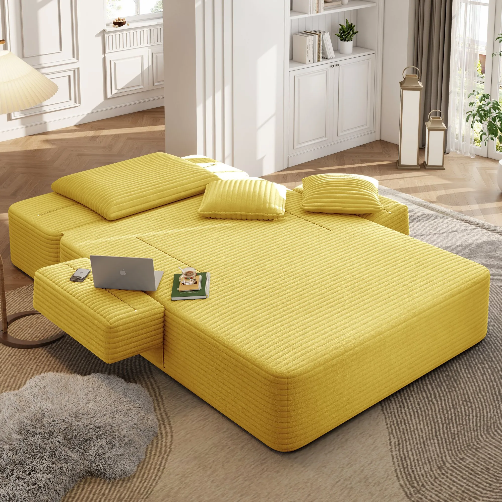 Oversized Plush Corduroy Chaise Lounge Sofa Bed, Convertible