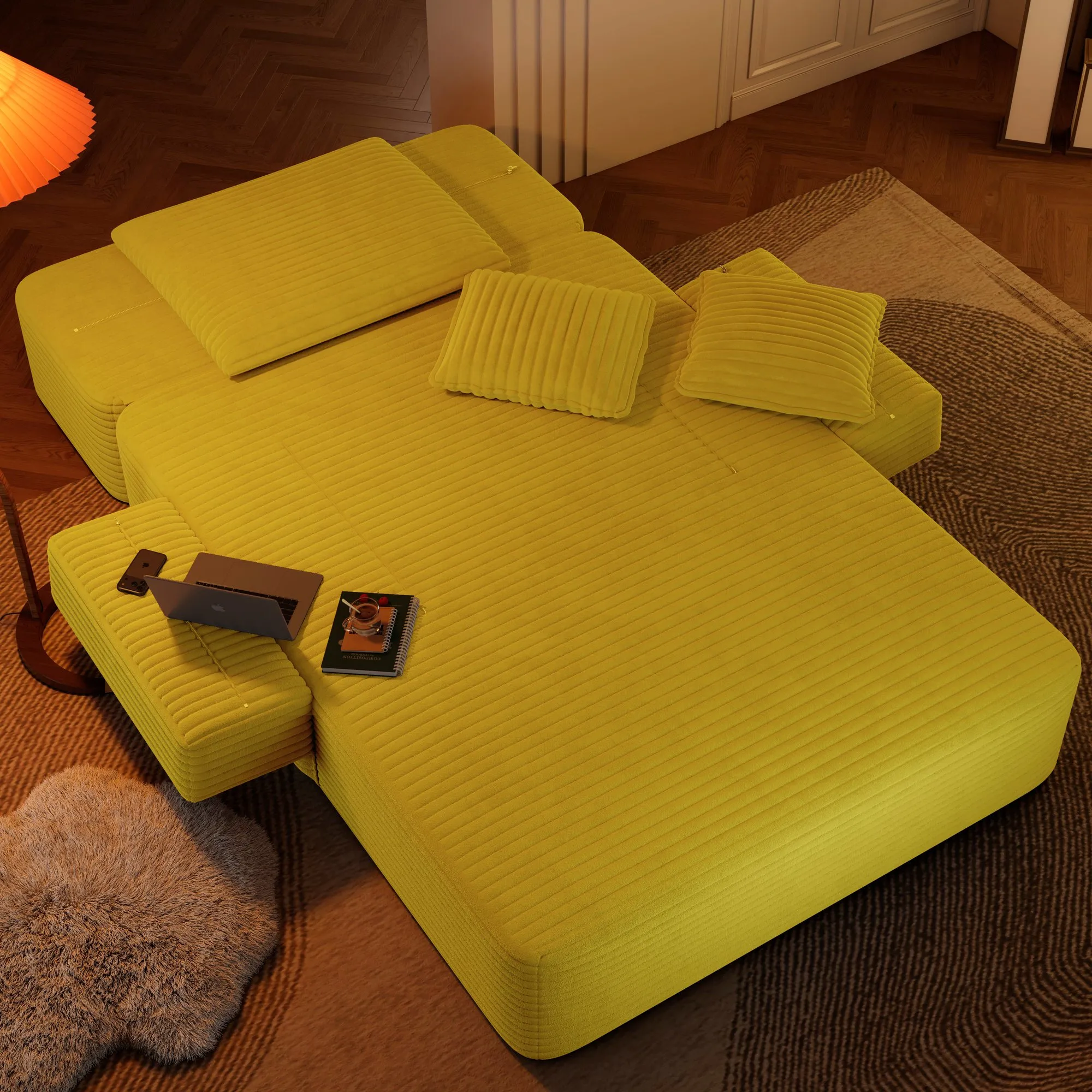 Oversized Plush Corduroy Chaise Lounge Sofa Bed, Convertible