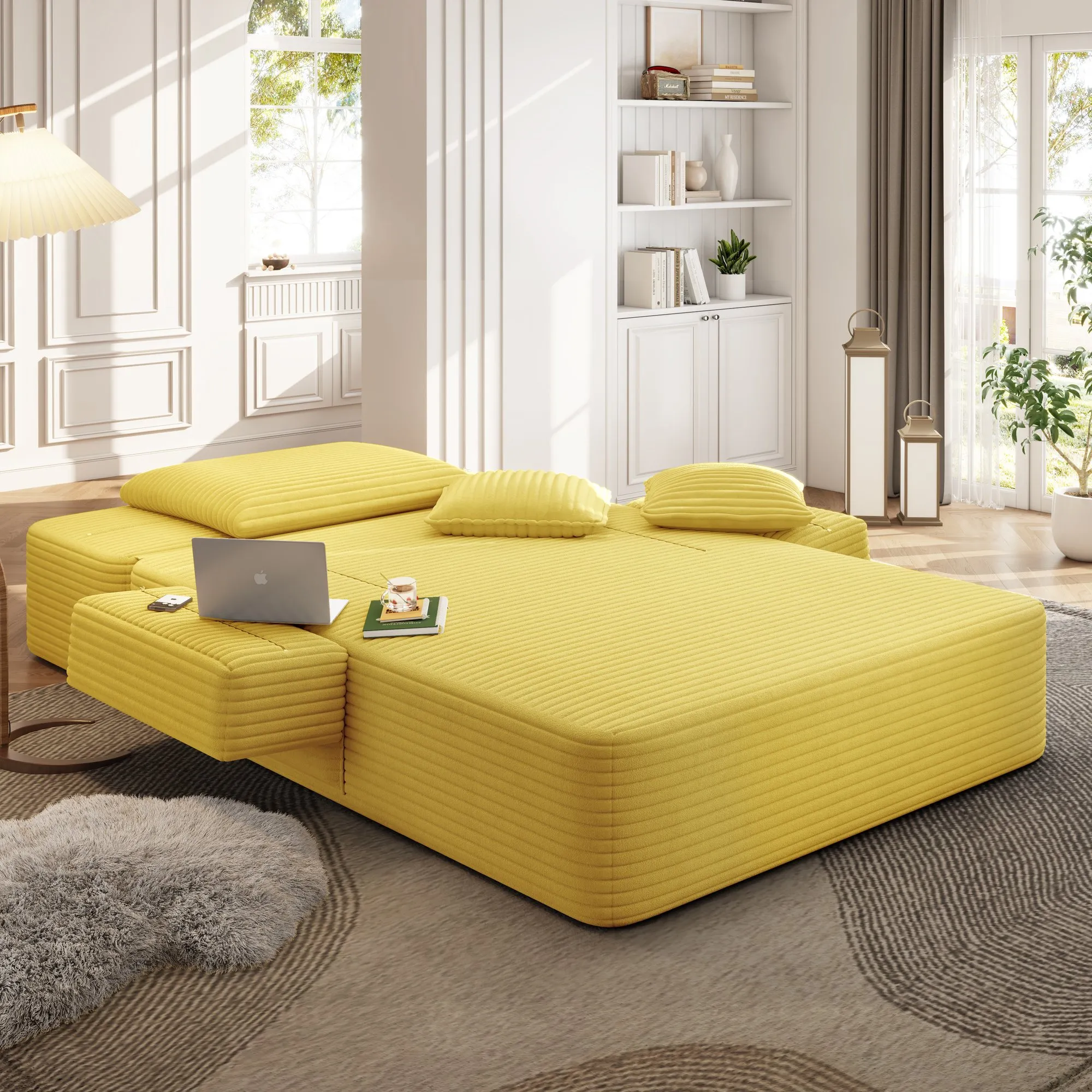 Oversized Plush Corduroy Chaise Lounge Sofa Bed, Convertible