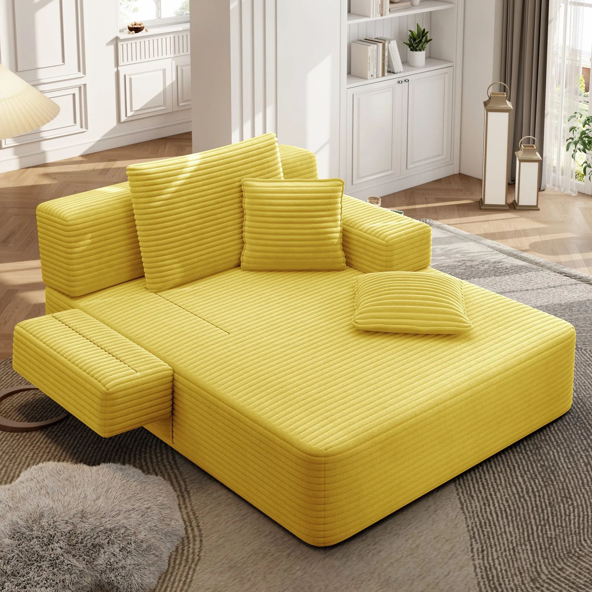 Oversized Plush Corduroy Chaise Lounge Sofa Bed, Convertible