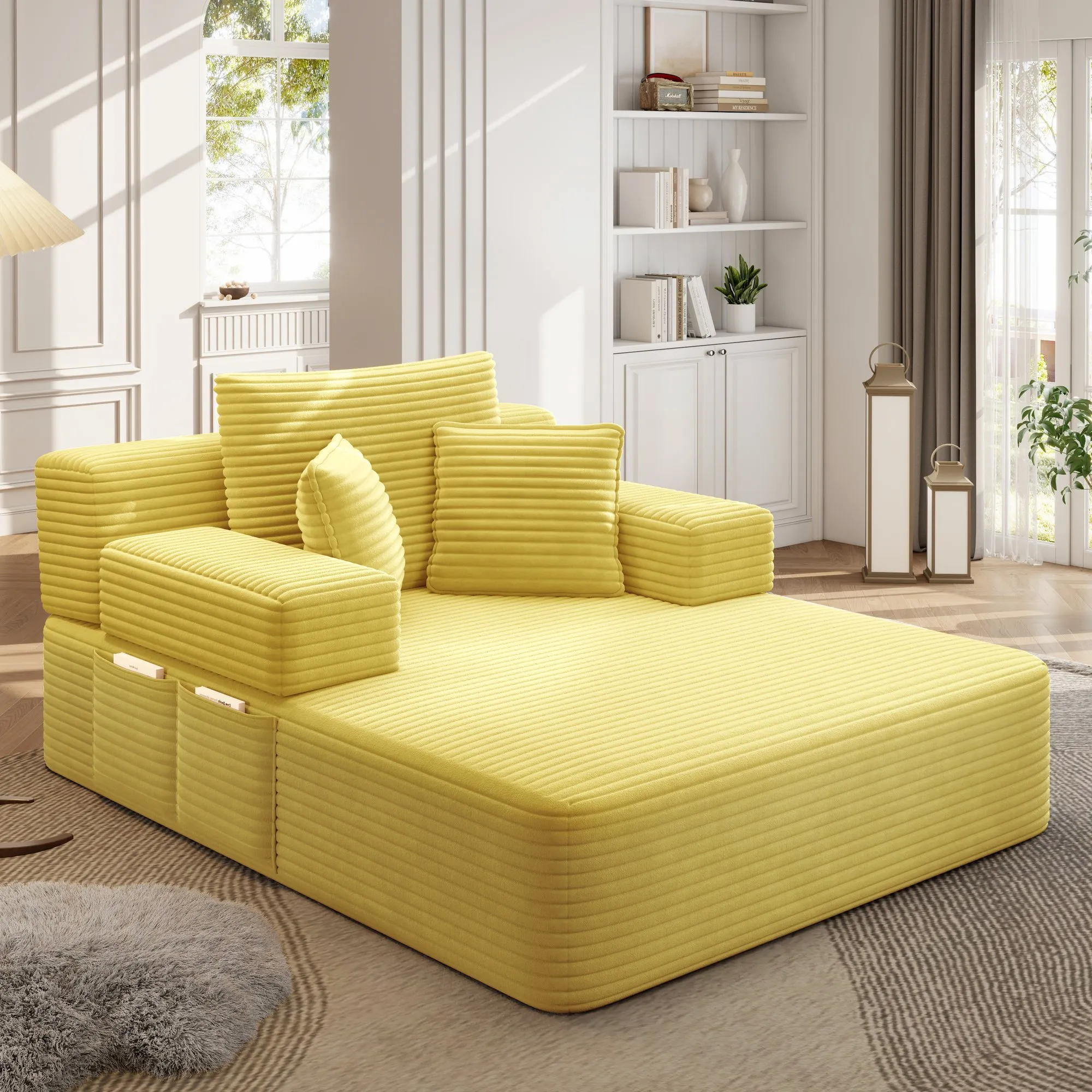Oversized Plush Corduroy Chaise Lounge Sofa Bed, Convertible