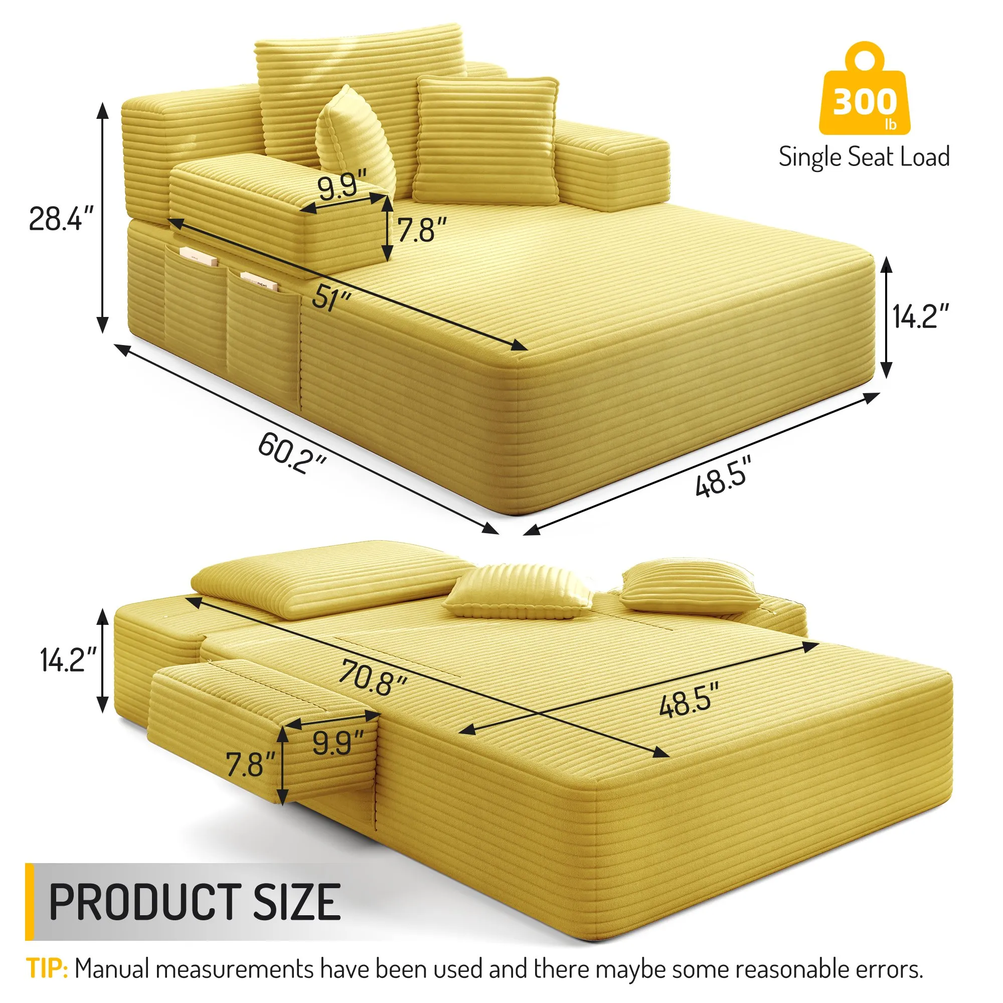 Oversized Plush Corduroy Chaise Lounge Sofa Bed, Convertible