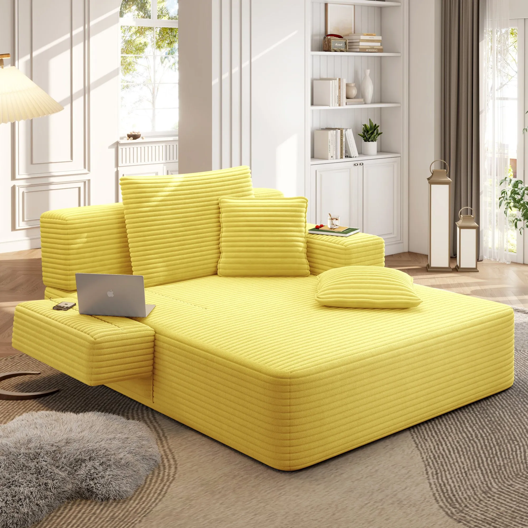 Oversized Plush Corduroy Chaise Lounge Sofa Bed, Convertible