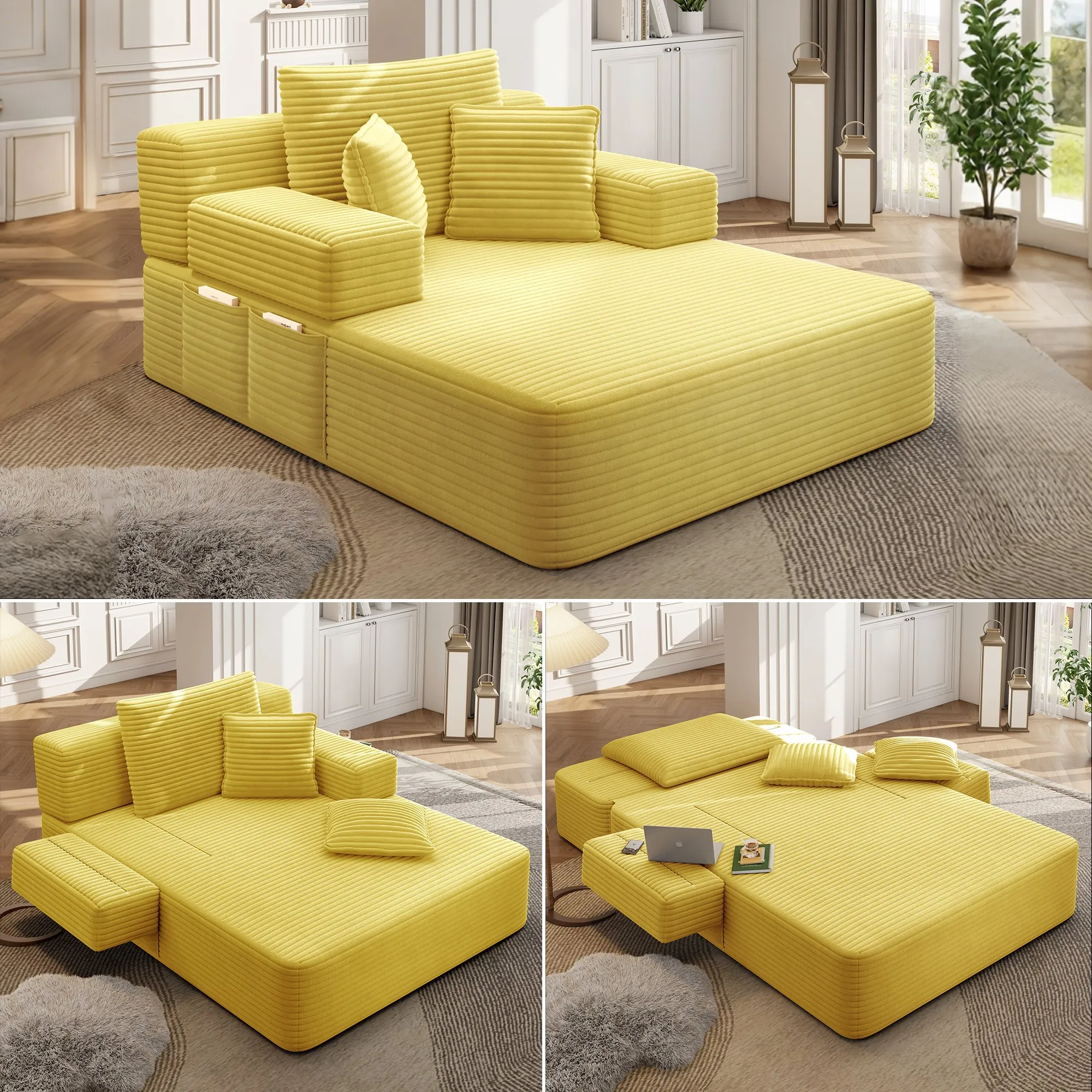 Oversized Plush Corduroy Chaise Lounge Sofa Bed, Convertible