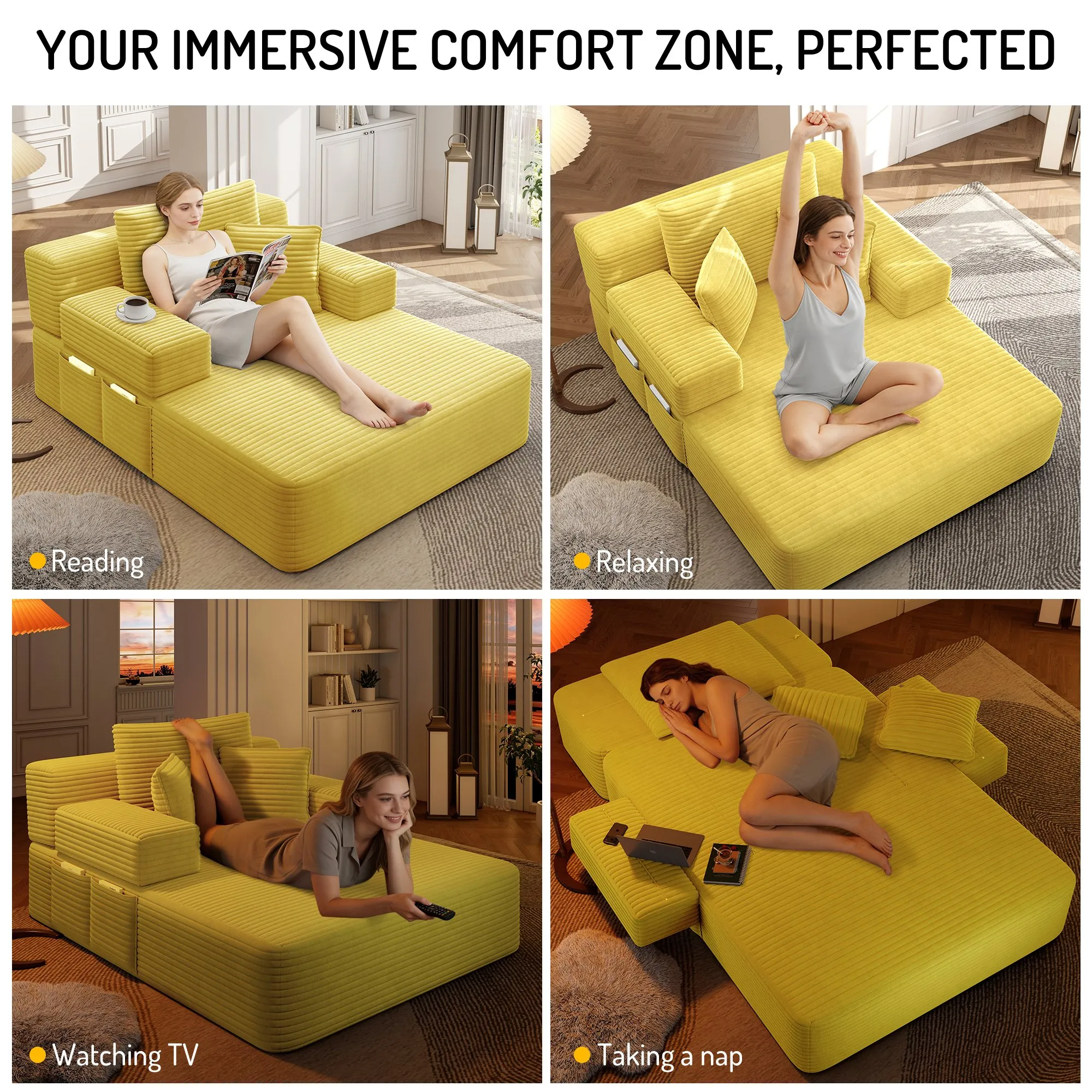 Oversized Plush Corduroy Chaise Lounge Sofa Bed, Convertible
