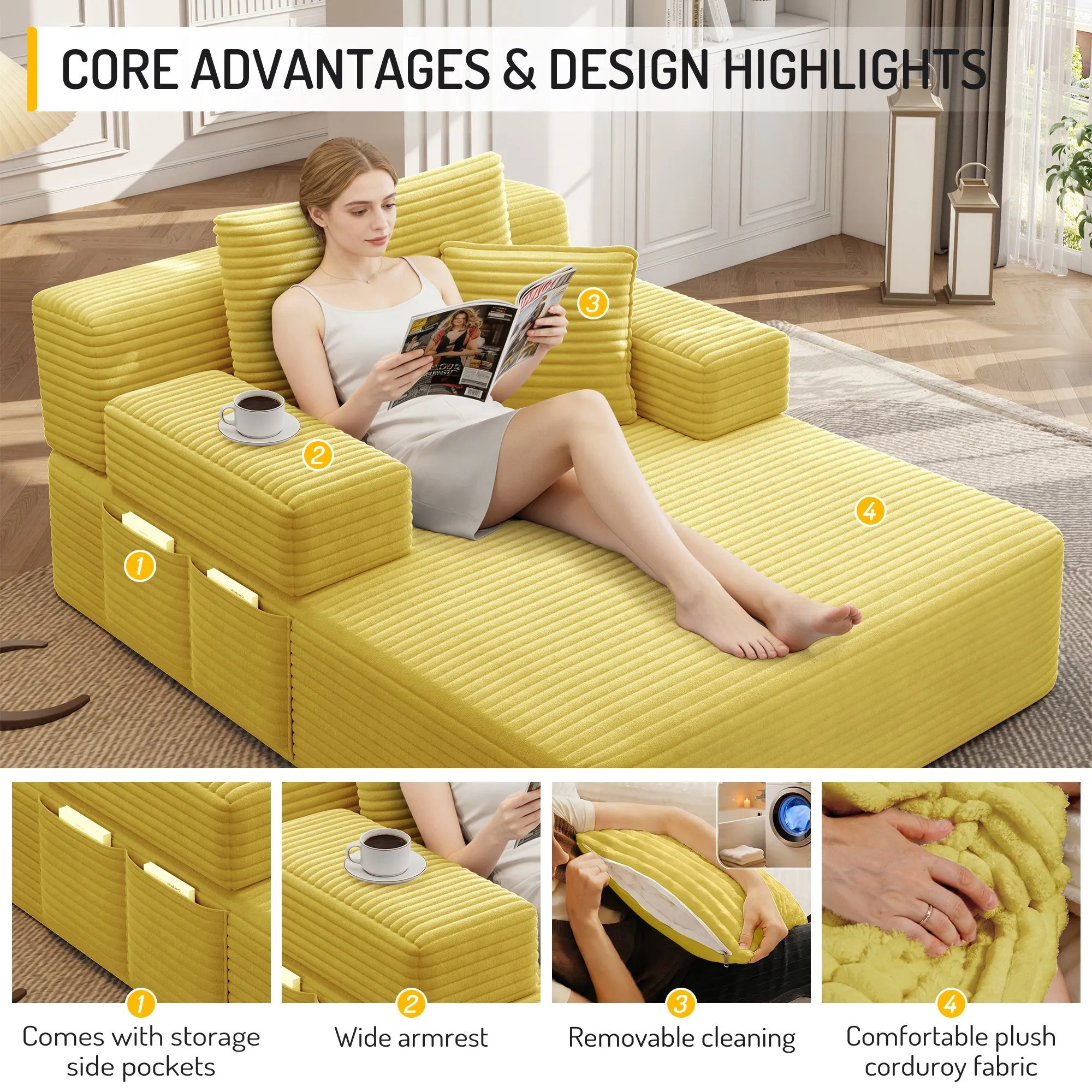 Oversized Plush Corduroy Chaise Lounge Sofa Bed, Convertible