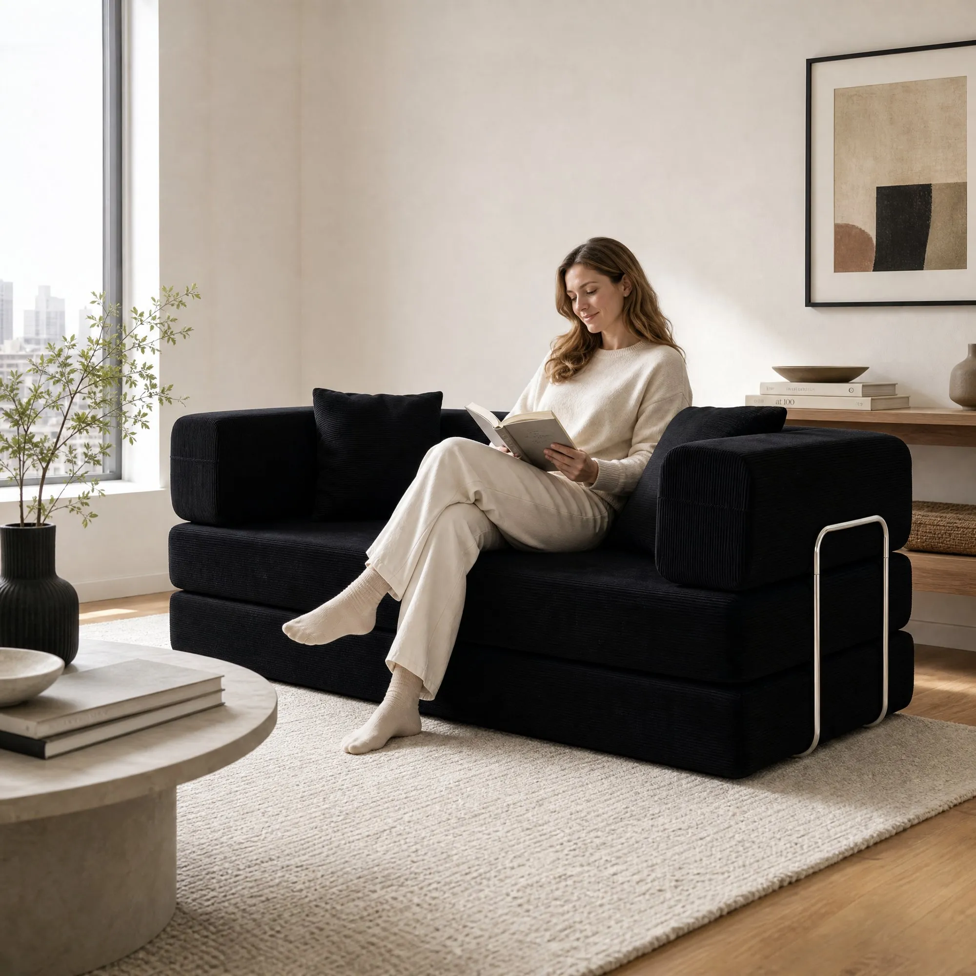 Double Corduroy Compression Sofa Bed, Convertible Floor Sofa