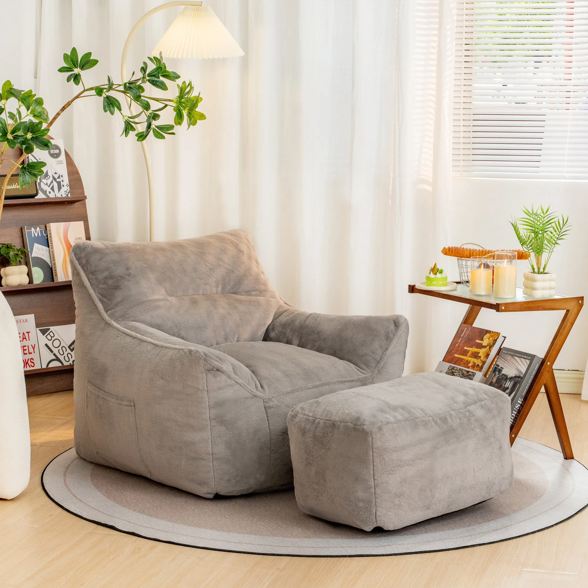 Soft Tufted Foam Bean Bag Chair with Faux Fur Cover