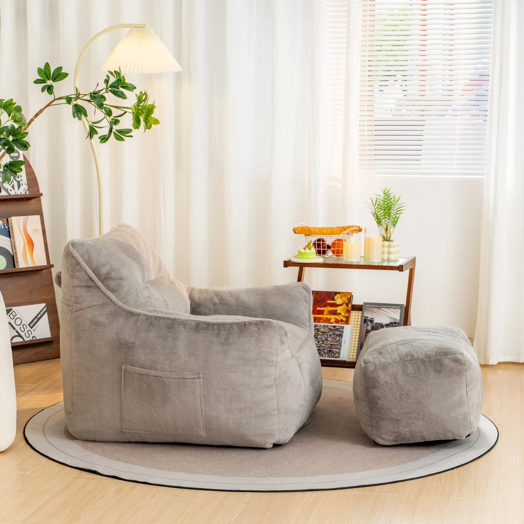Soft Tufted Foam Bean Bag Chair with Faux Fur Cover