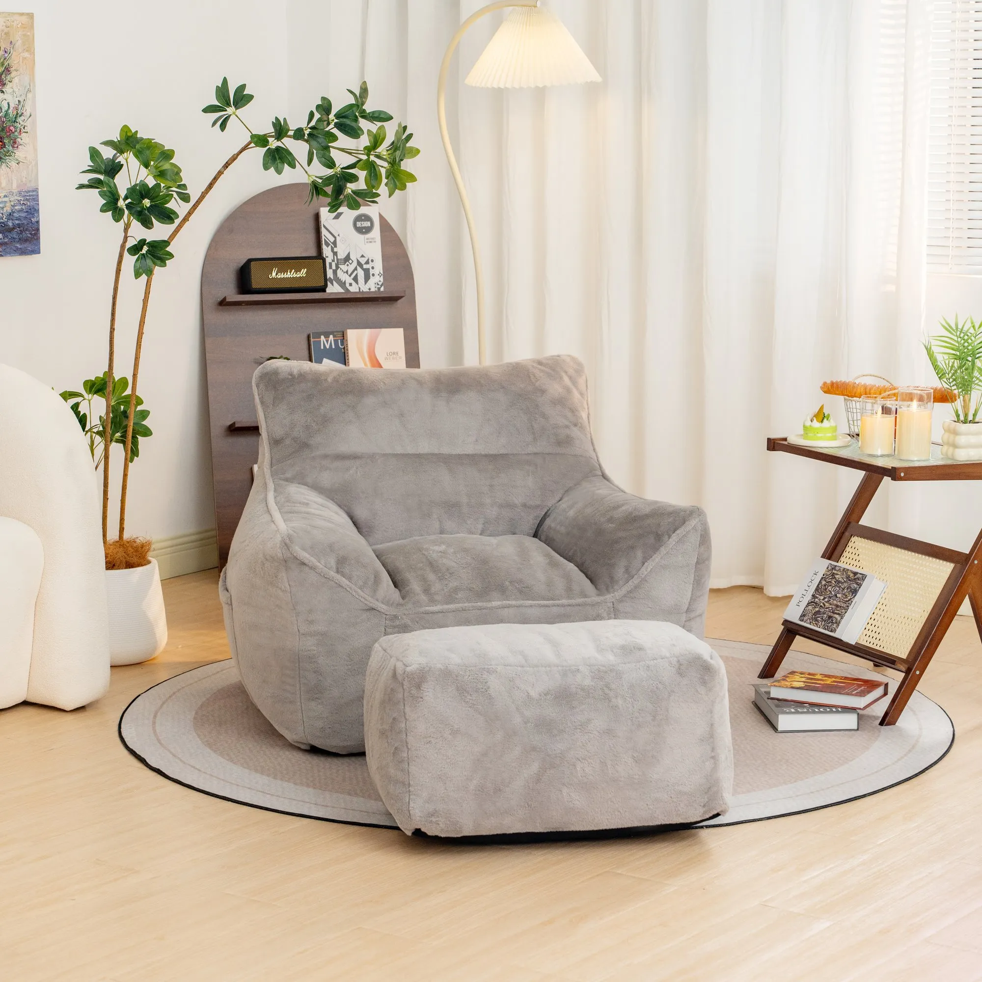 Soft Tufted Foam Bean Bag Chair with Faux Fur Cover