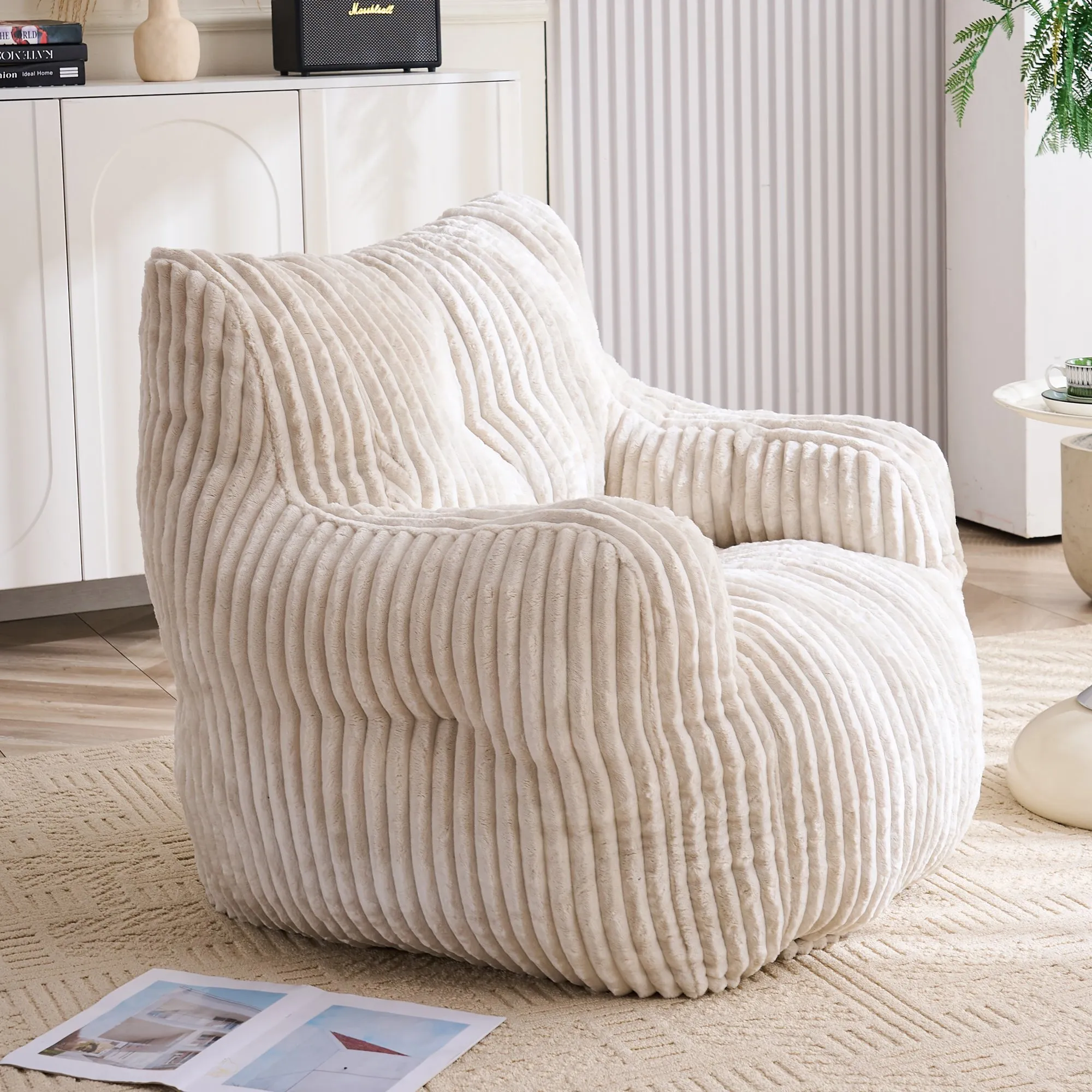 010-Soft Fluffy Corduroy Fabric Bean Bag Chair Filled With Memory Sponge,Beige