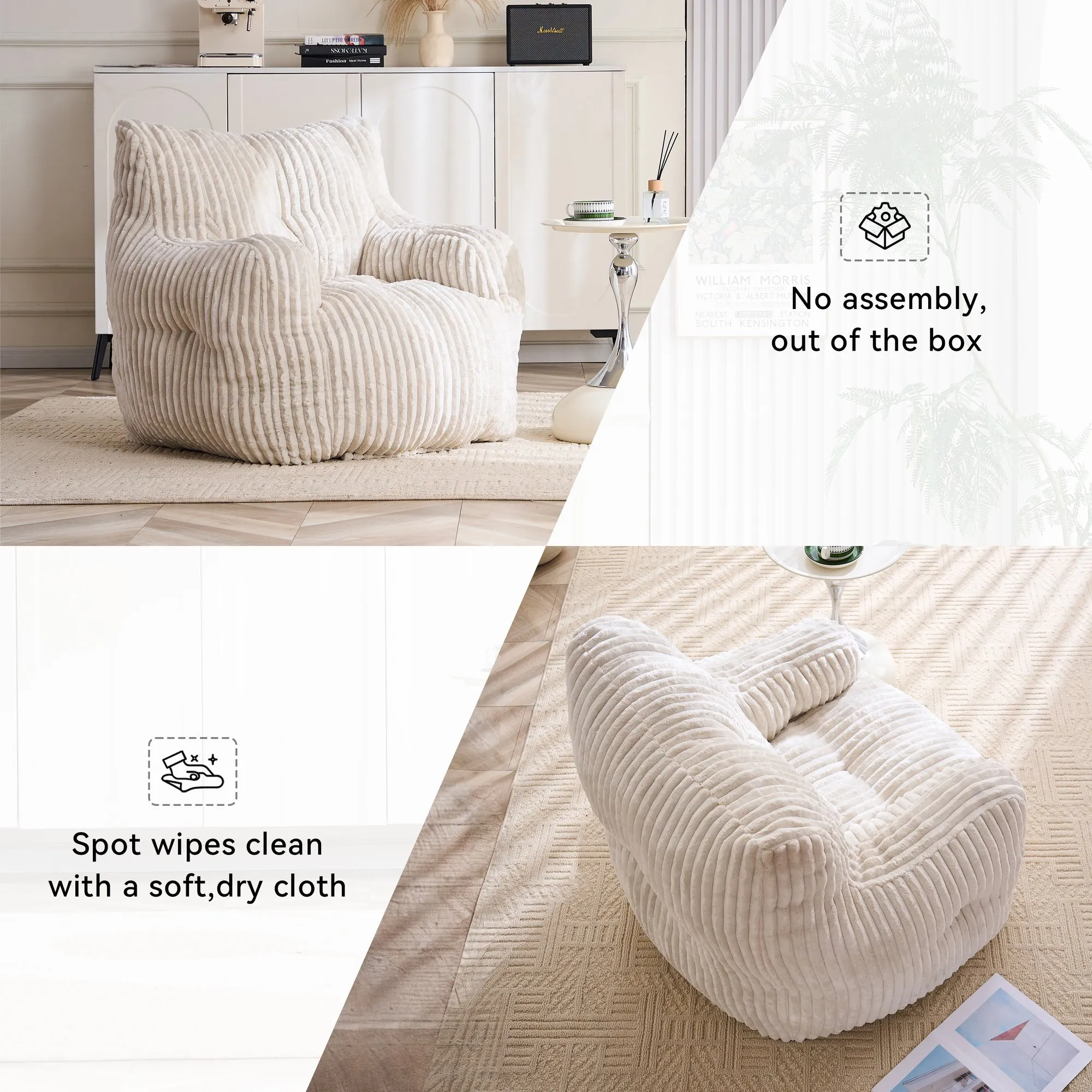 010-Soft Fluffy Corduroy Fabric Bean Bag Chair Filled With Memory Sponge,Beige
