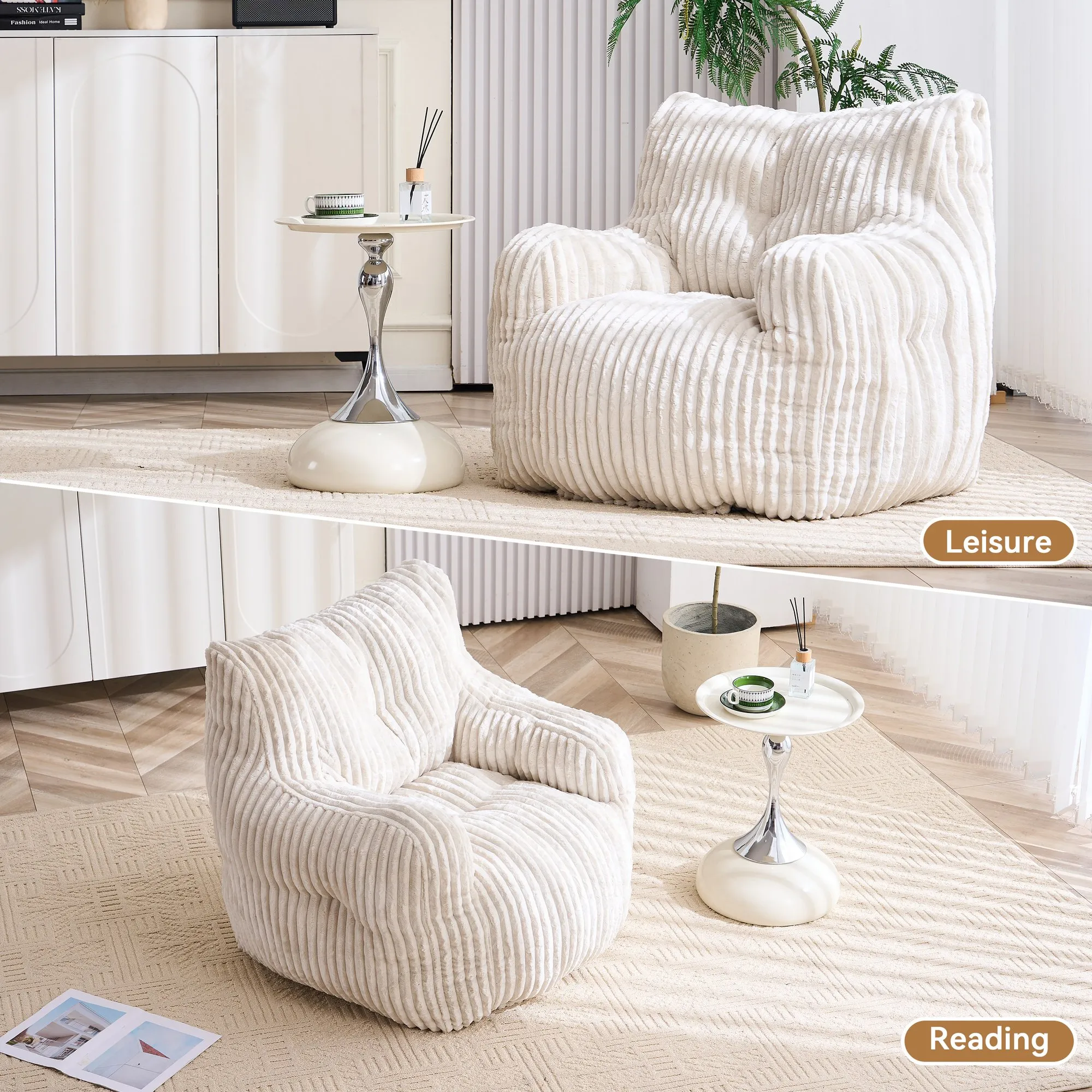 010-Soft Fluffy Corduroy Fabric Bean Bag Chair Filled With Memory Sponge,Beige