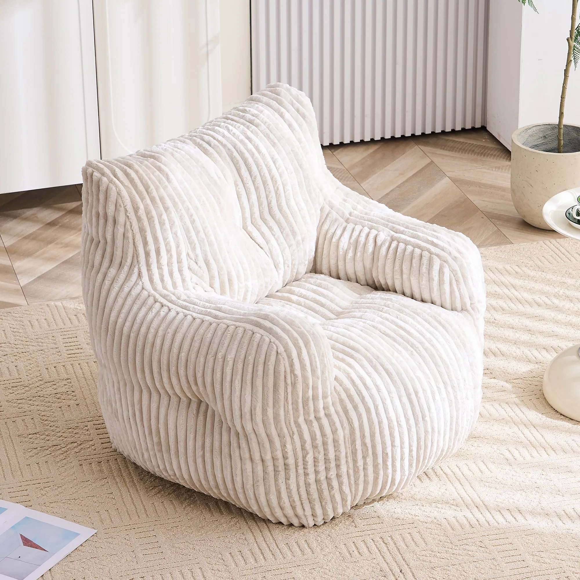 010-Soft Fluffy Corduroy Fabric Bean Bag Chair Filled With Memory Sponge,Beige