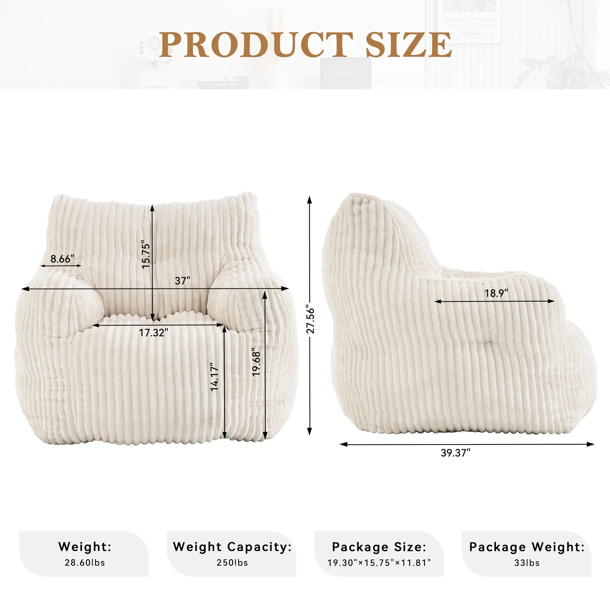 010-Soft Fluffy Corduroy Fabric Bean Bag Chair Filled With Memory Sponge,Beige