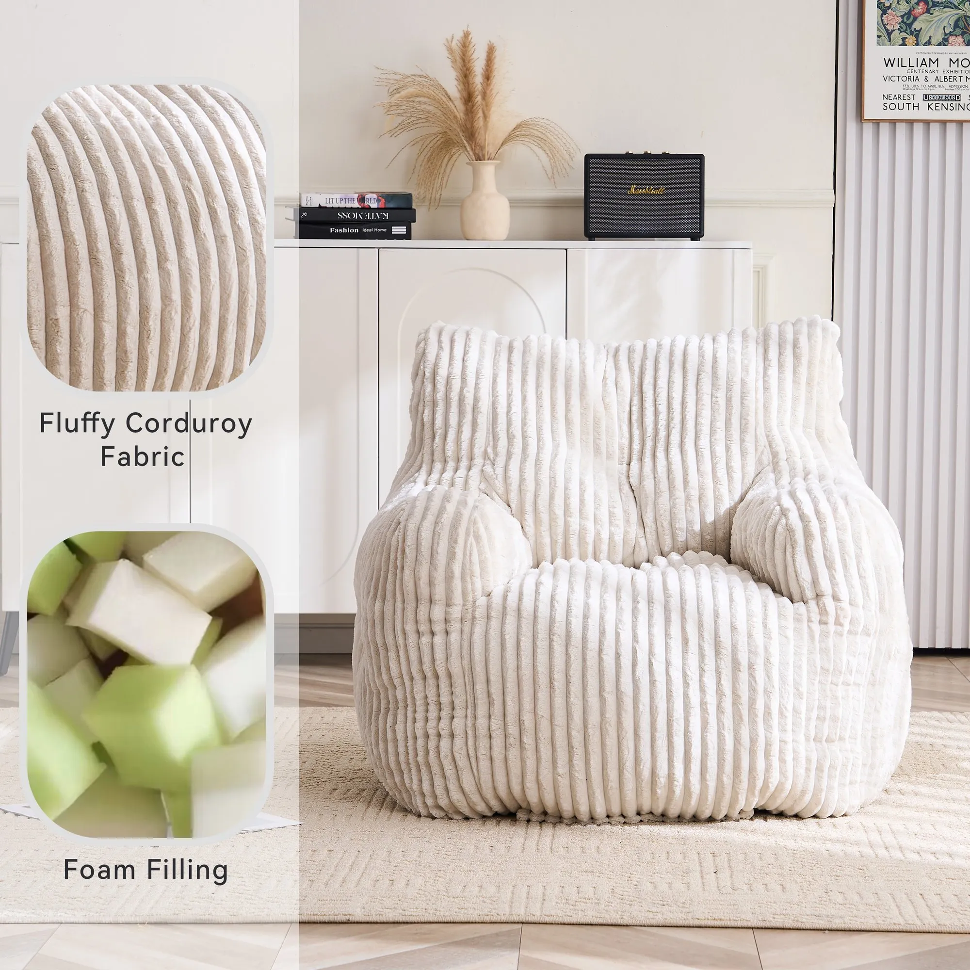 010-Soft Fluffy Corduroy Fabric Bean Bag Chair Filled With Memory Sponge,Beige
