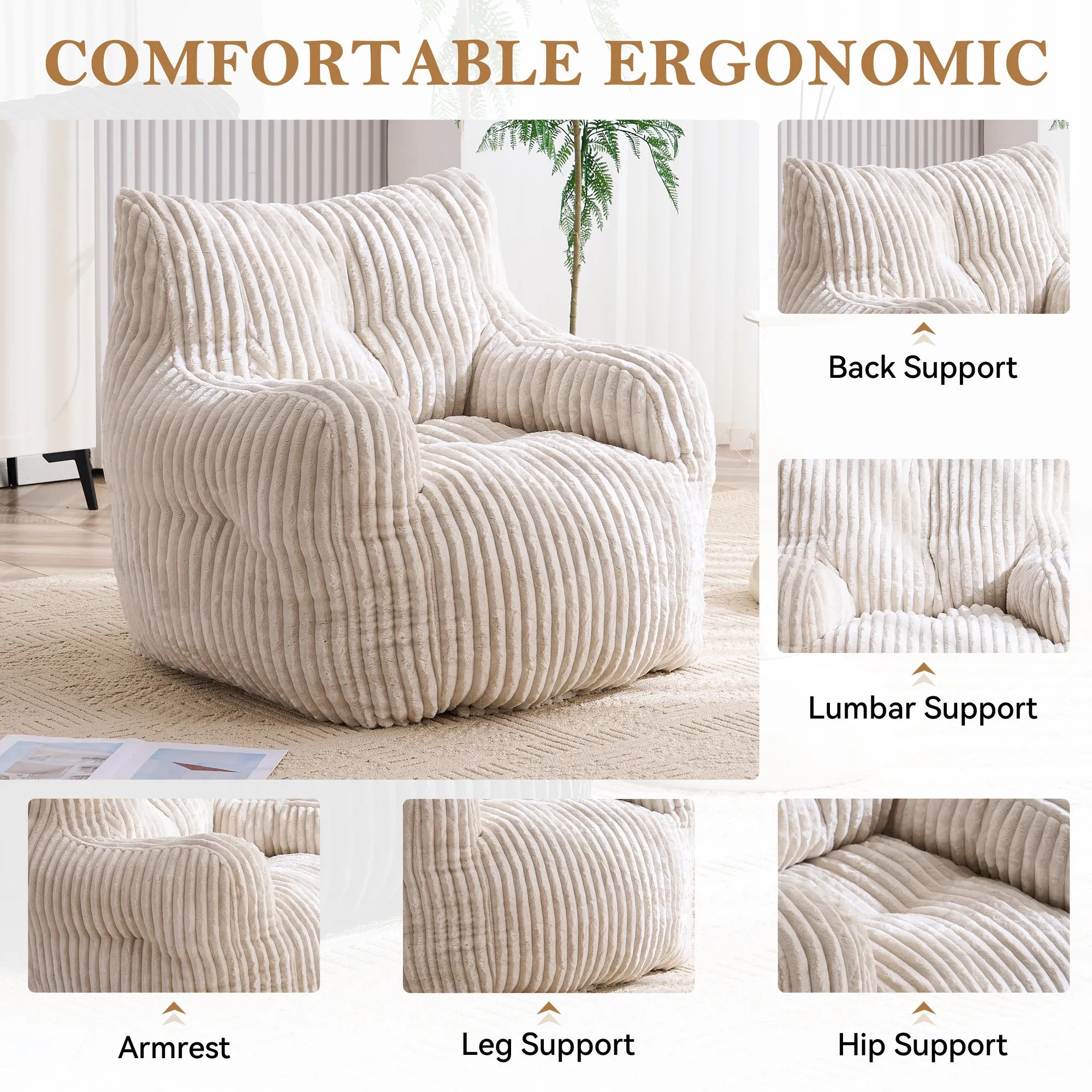 010-Soft Fluffy Corduroy Fabric Bean Bag Chair Filled With Memory Sponge,Beige