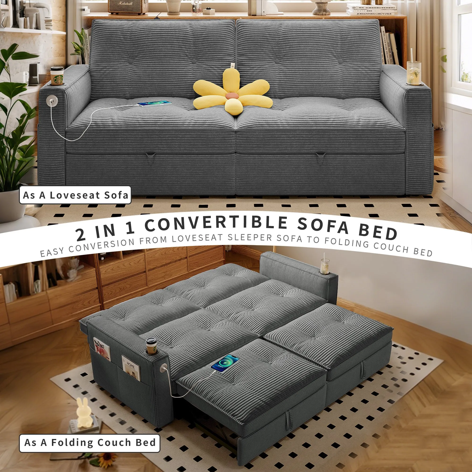 SOMNUS 2-in-1 Convertible Corduroy Sofa Bed, Multi-Functional
