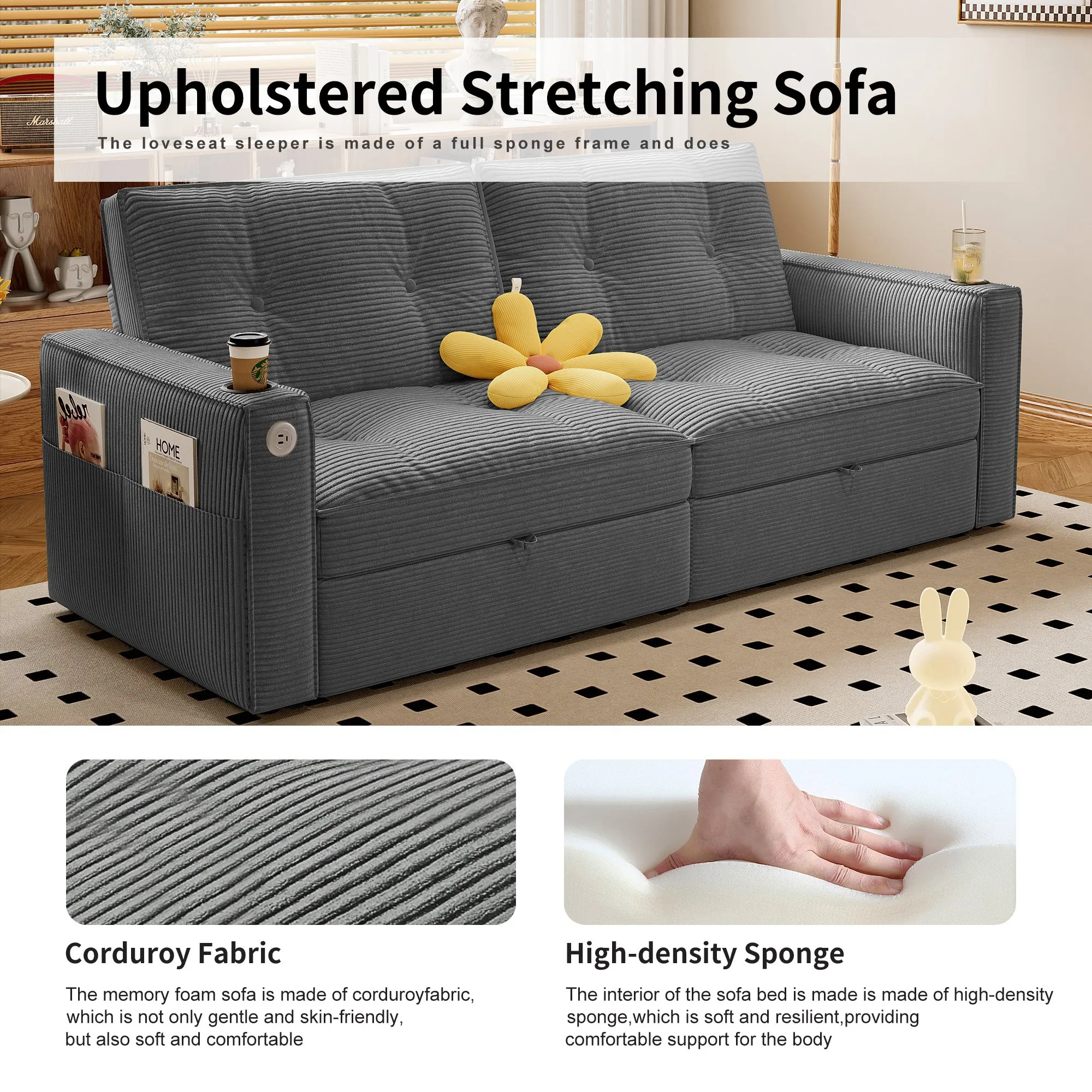 SOMNUS 2-in-1 Convertible Corduroy Sofa Bed, Multi-Functional