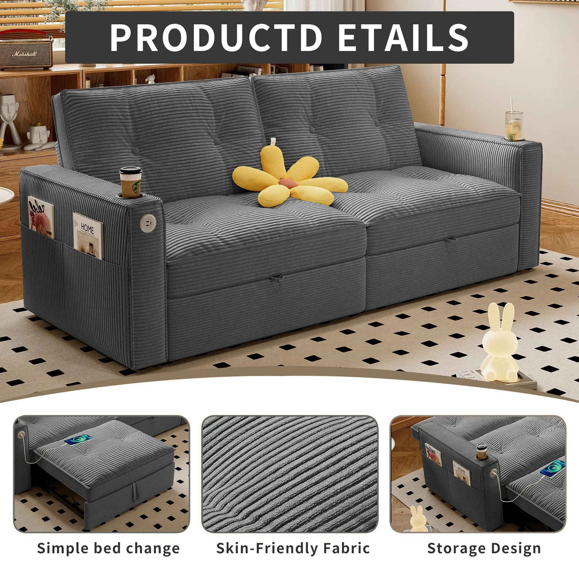 SOMNUS 2-in-1 Convertible Corduroy Sofa Bed, Multi-Functional