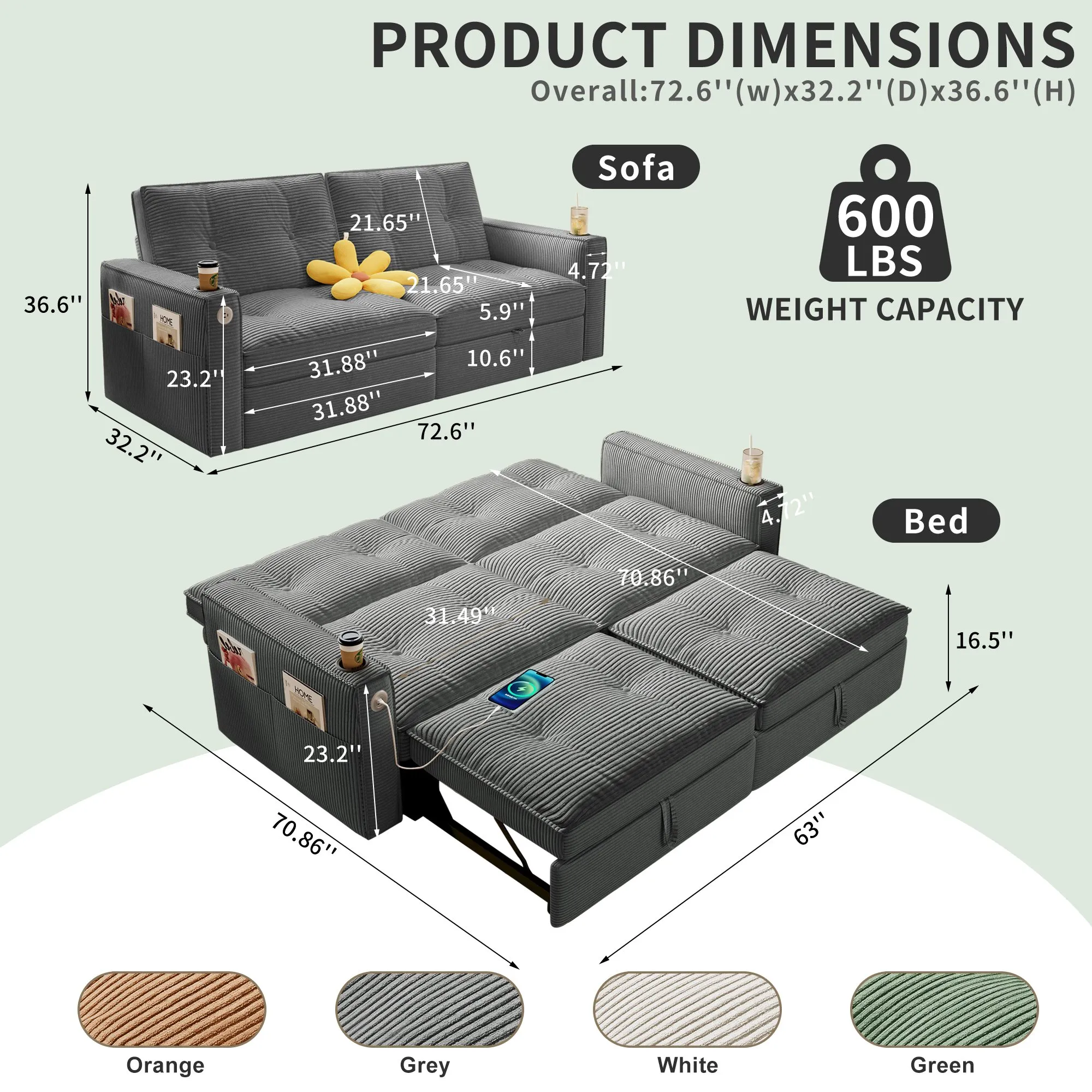 SOMNUS 2-in-1 Convertible Corduroy Sofa Bed, Multi-Functional