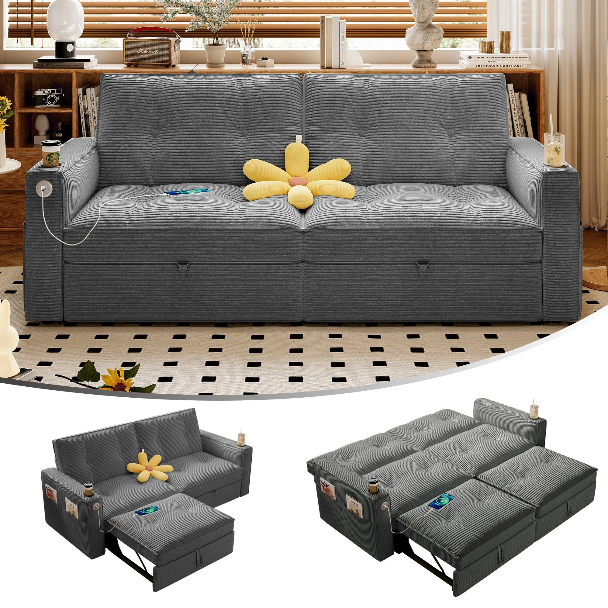 SOMNUS 2-in-1 Convertible Corduroy Sofa Bed, Multi-Functional