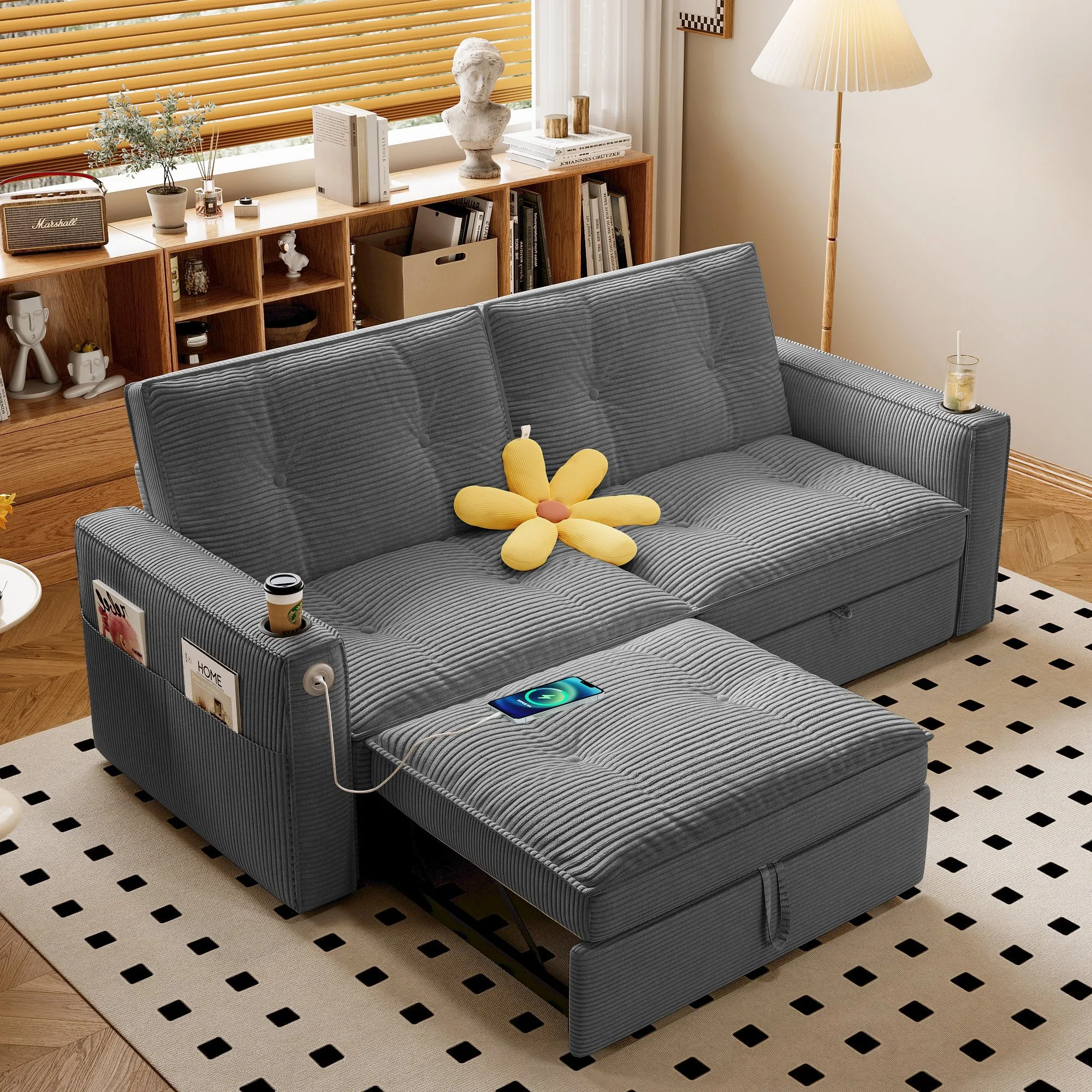 SOMNUS 2-in-1 Convertible Corduroy Sofa Bed, Multi-Functional