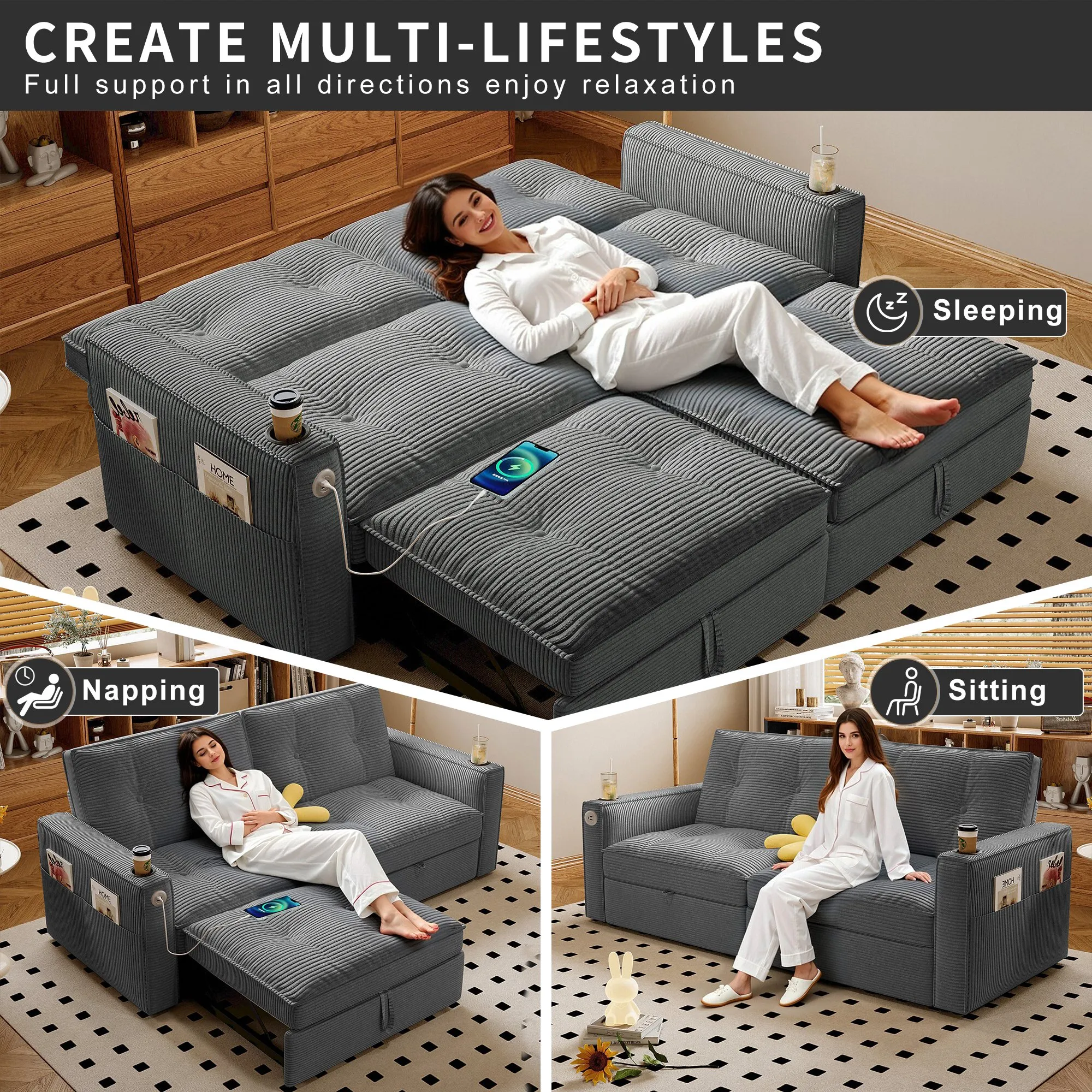 SOMNUS 2-in-1 Convertible Corduroy Sofa Bed, Multi-Functional