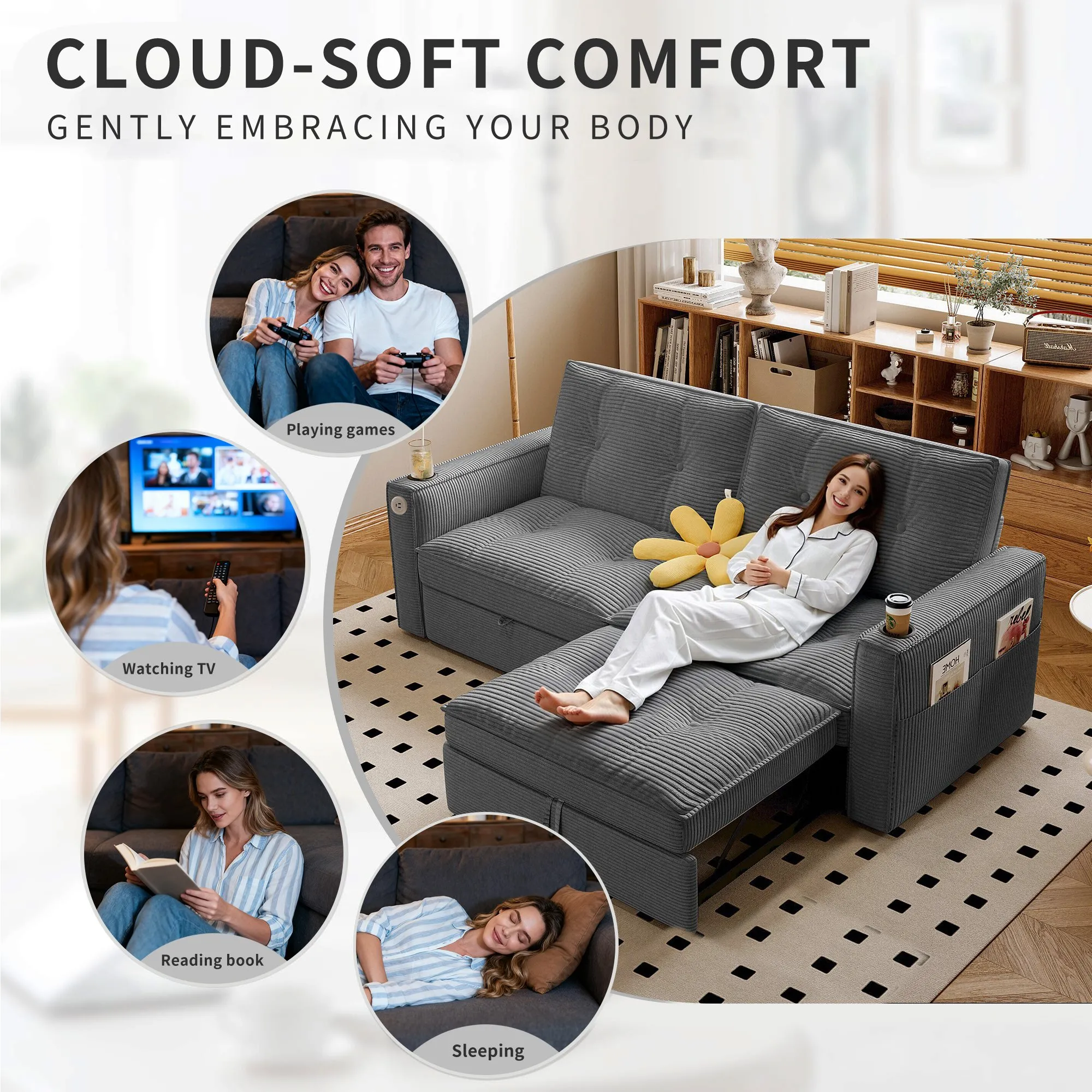 SOMNUS 2-in-1 Convertible Corduroy Sofa Bed, Multi-Functional