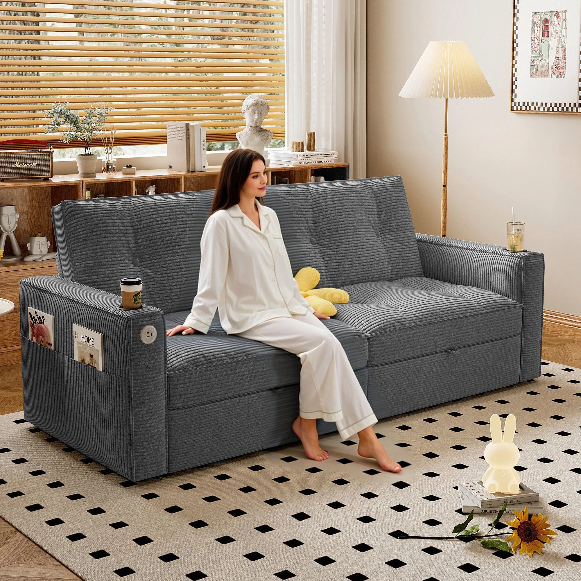 SOMNUS 2-in-1 Convertible Corduroy Sofa Bed, Multi-Functional