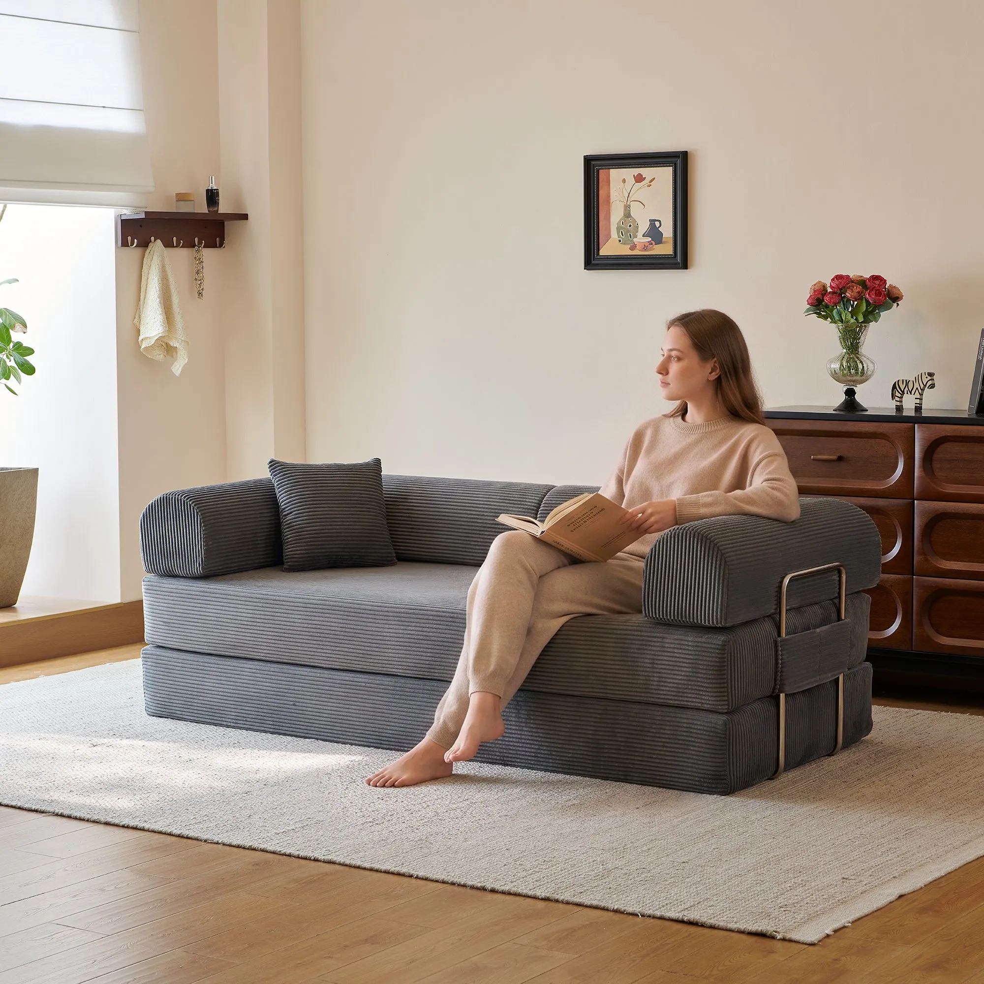 78.8-Inch Compression Sofa Bed, Convertible Floor Sofa with Pillows