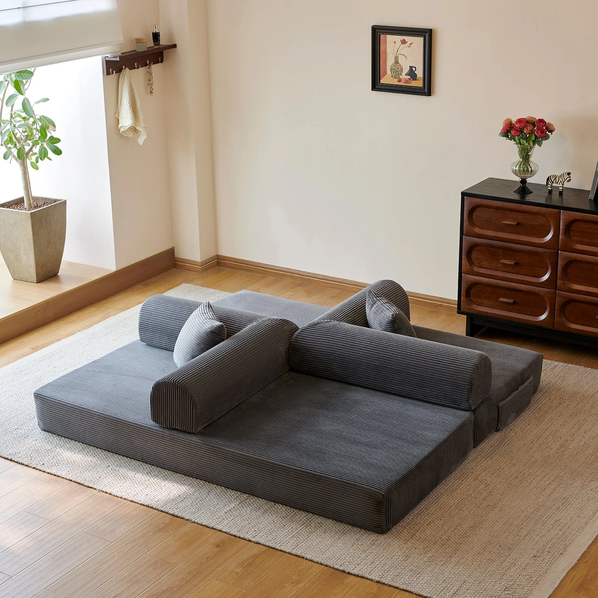 78.8-Inch Compression Sofa Bed, Convertible Floor Sofa with Pillows