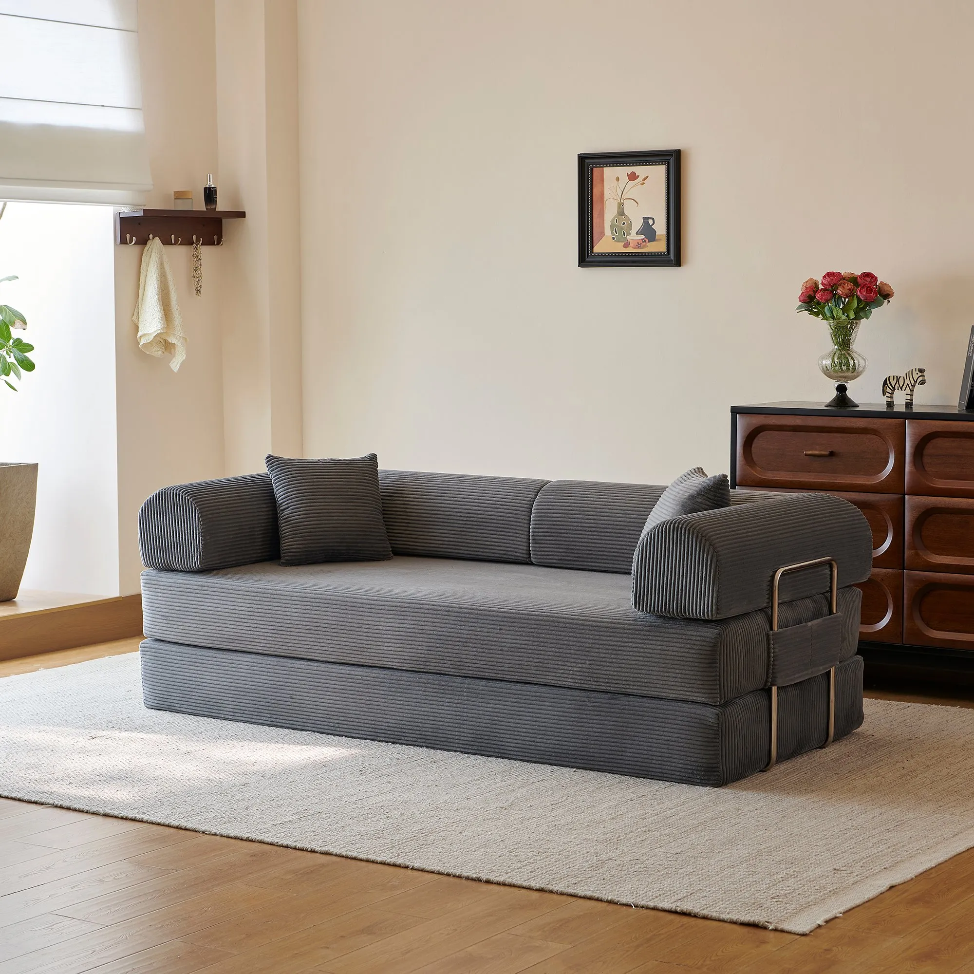 78.8-Inch Compression Sofa Bed, Convertible Floor Sofa with Pillows