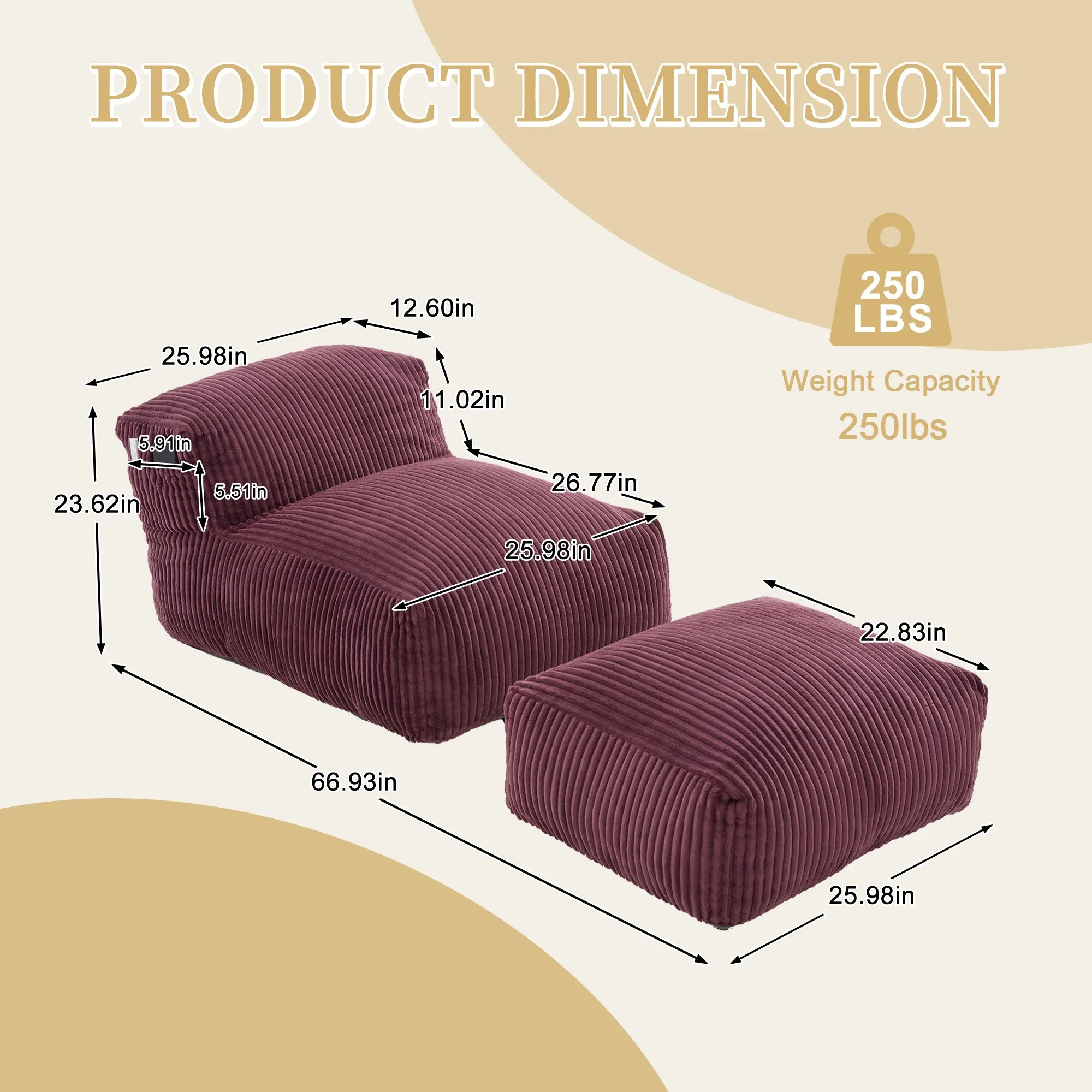 Large Corduroy Bean Bag Lounger Chair for Adults, Memory Foam