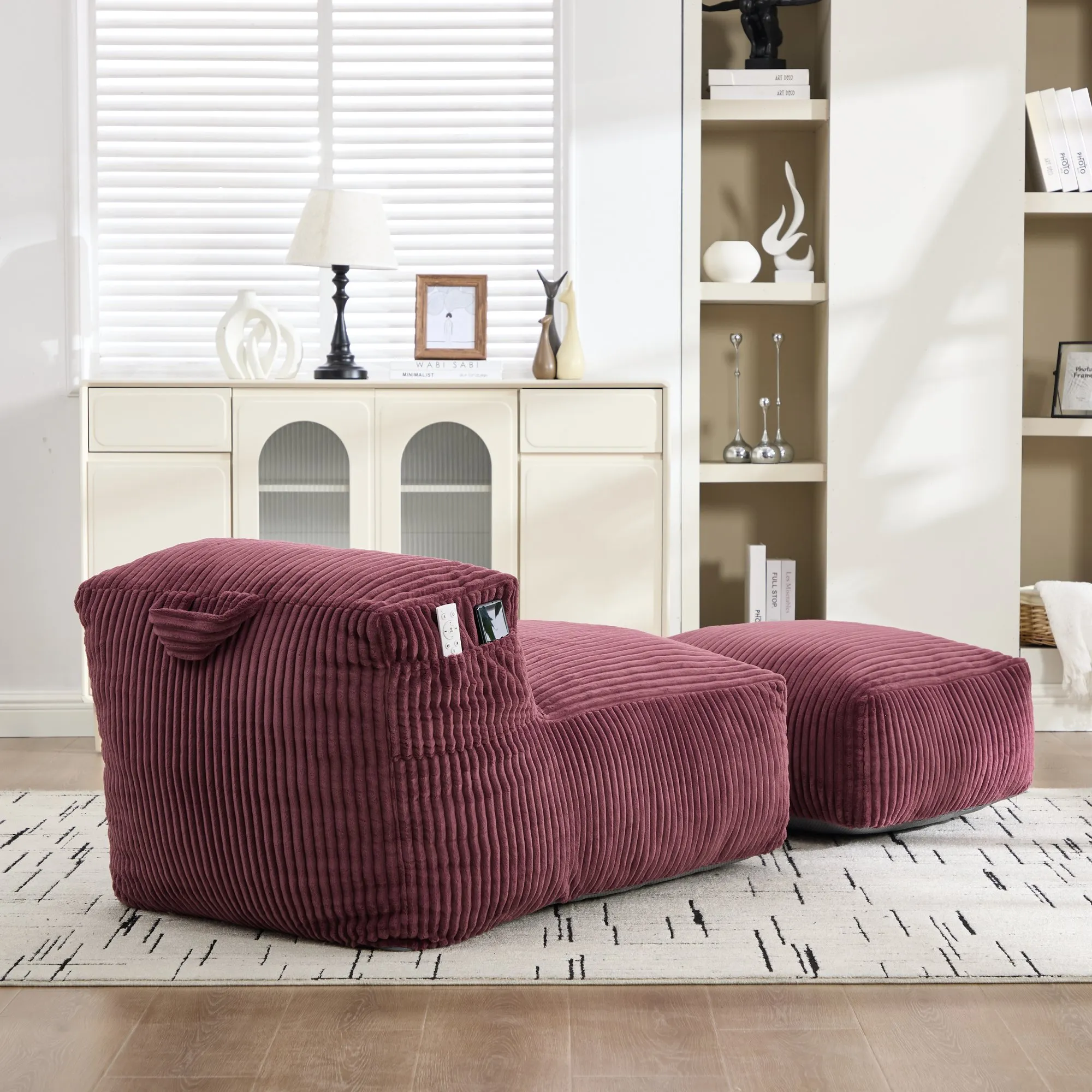 Large Corduroy Bean Bag Lounger Chair for Adults, Memory Foam