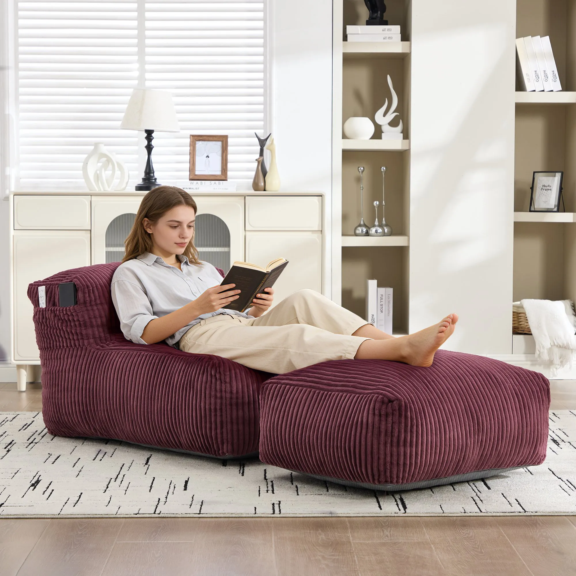 Large Corduroy Bean Bag Lounger Chair for Adults, Memory Foam