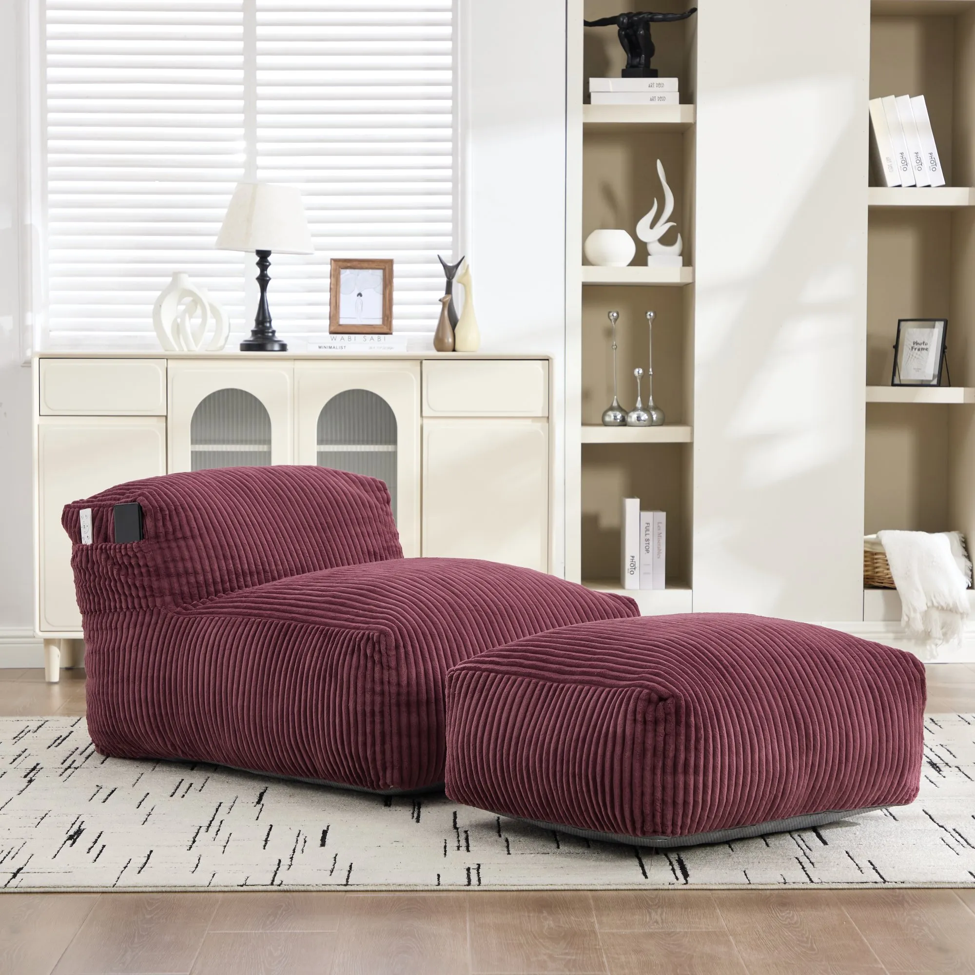 Large Corduroy Bean Bag Lounger Chair for Adults, Memory Foam