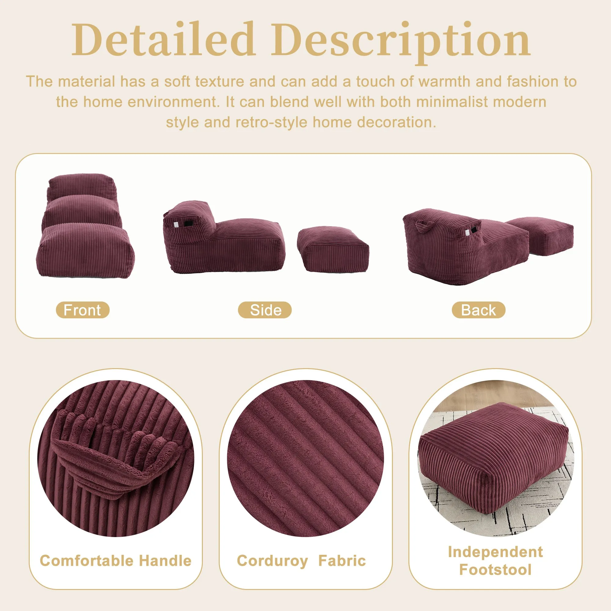 Large Corduroy Bean Bag Lounger Chair for Adults, Memory Foam