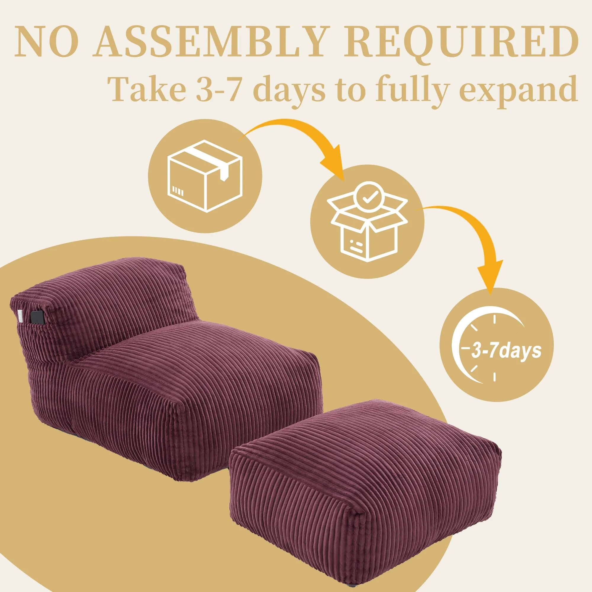 Large Corduroy Bean Bag Lounger Chair for Adults, Memory Foam