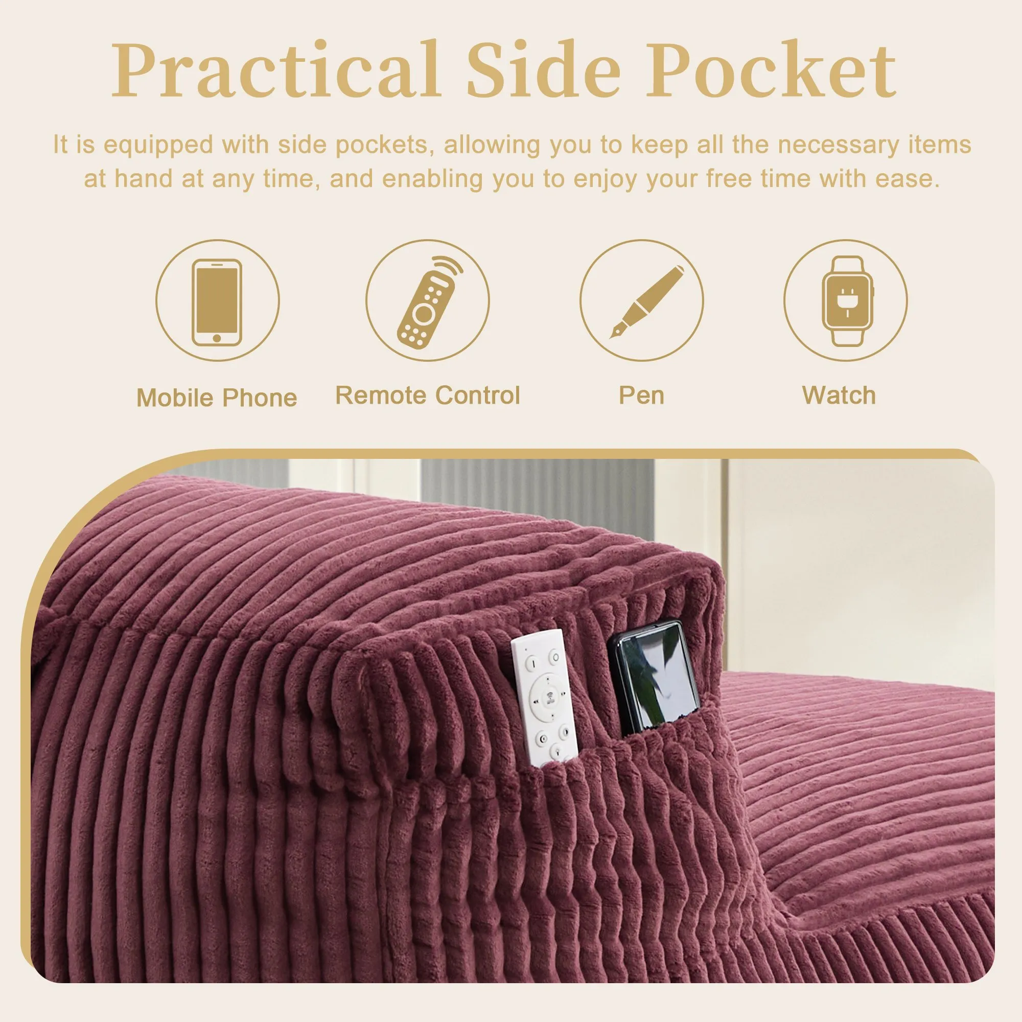 Large Corduroy Bean Bag Lounger Chair for Adults, Memory Foam
