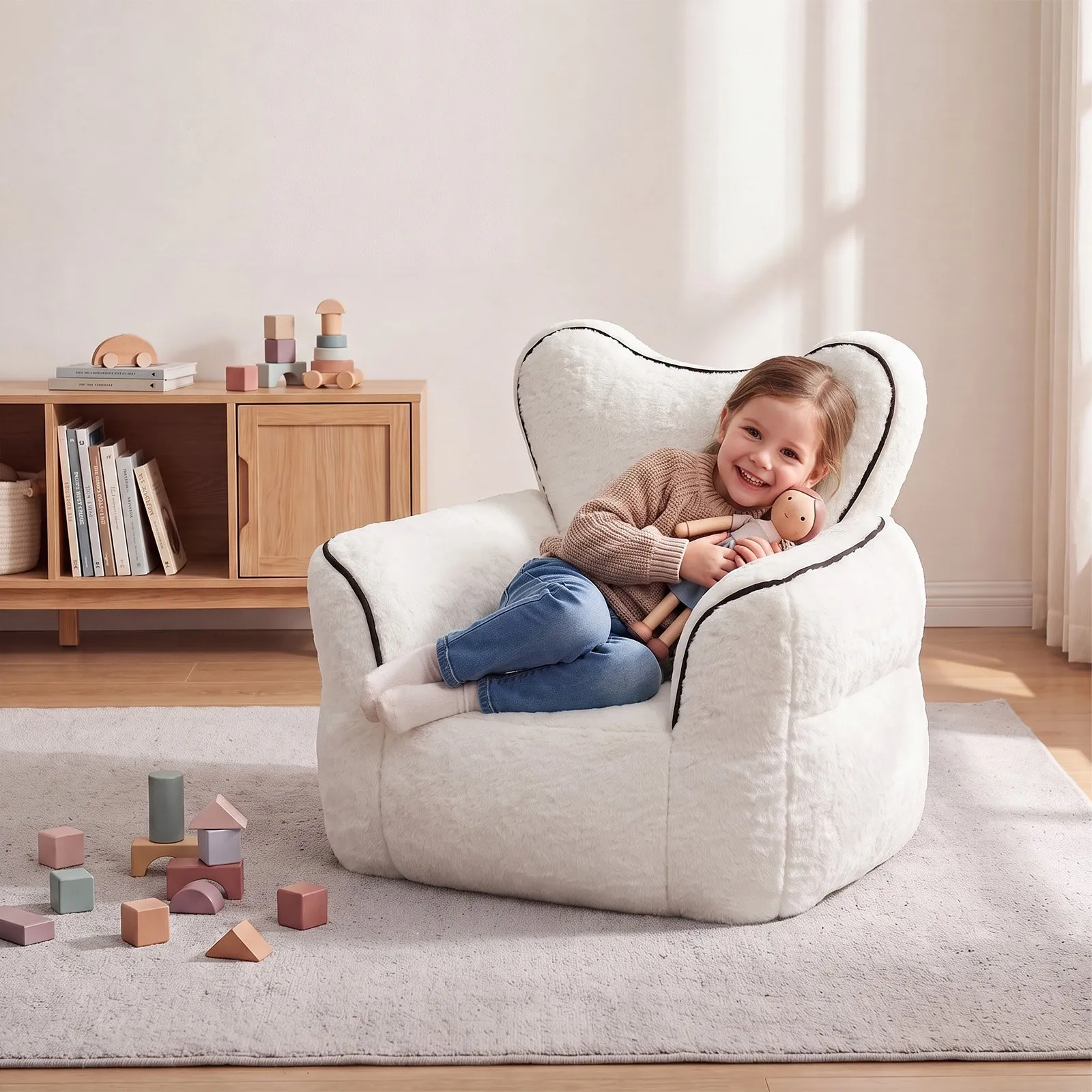 Heart-Shaped Faux Fur Bean Bag Chair for Kids, Cozy Lounger