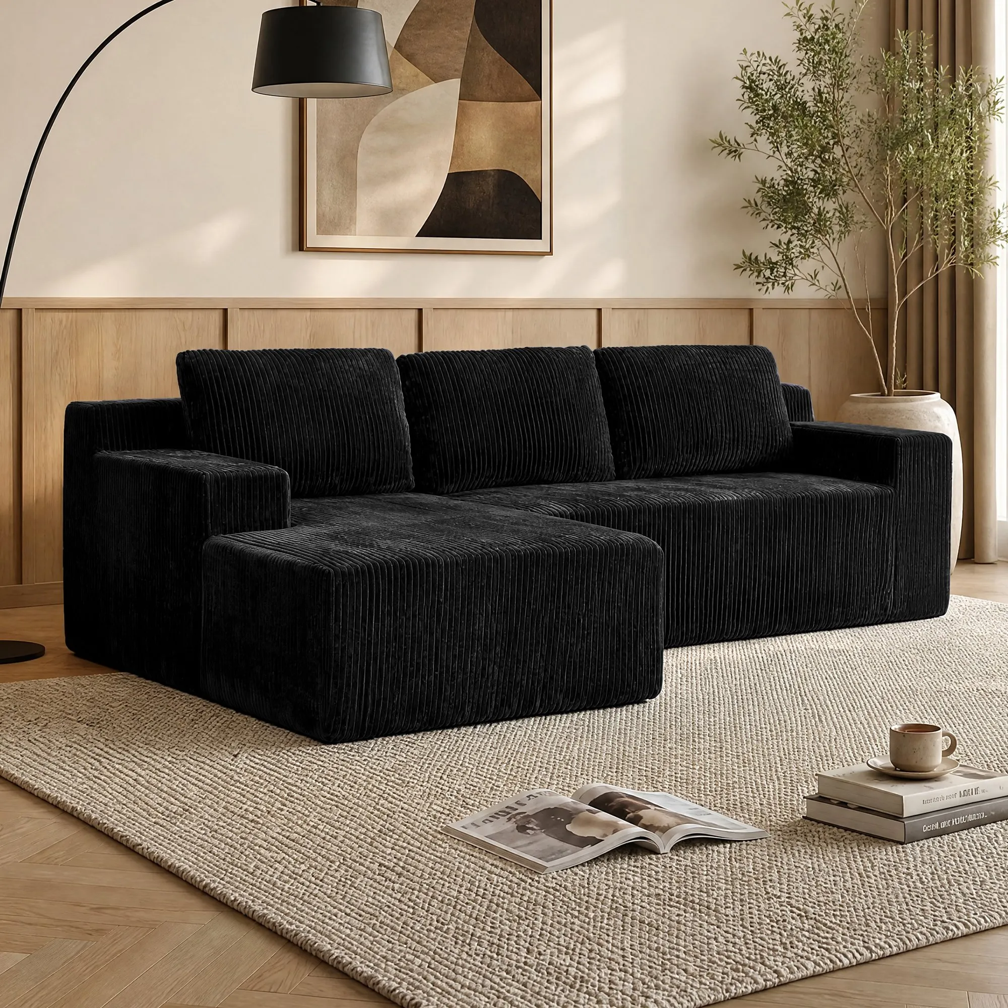 L-Shaped Modular Corduroy Sectional Sofa, Floor Couch Set