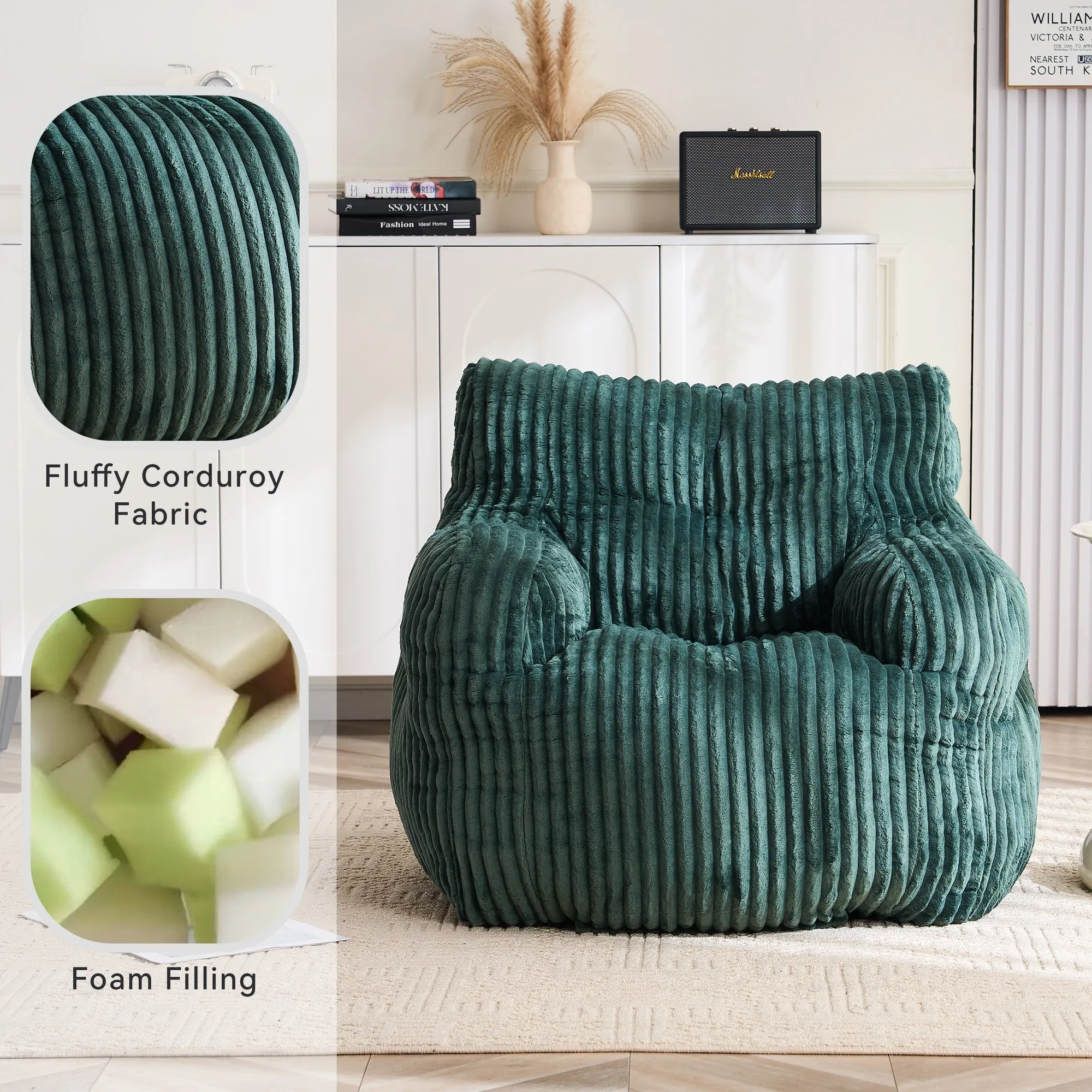 010-Soft Fluffy Corduroy Fabric Bean Bag Chair Filled With Memory Sponge,Green
