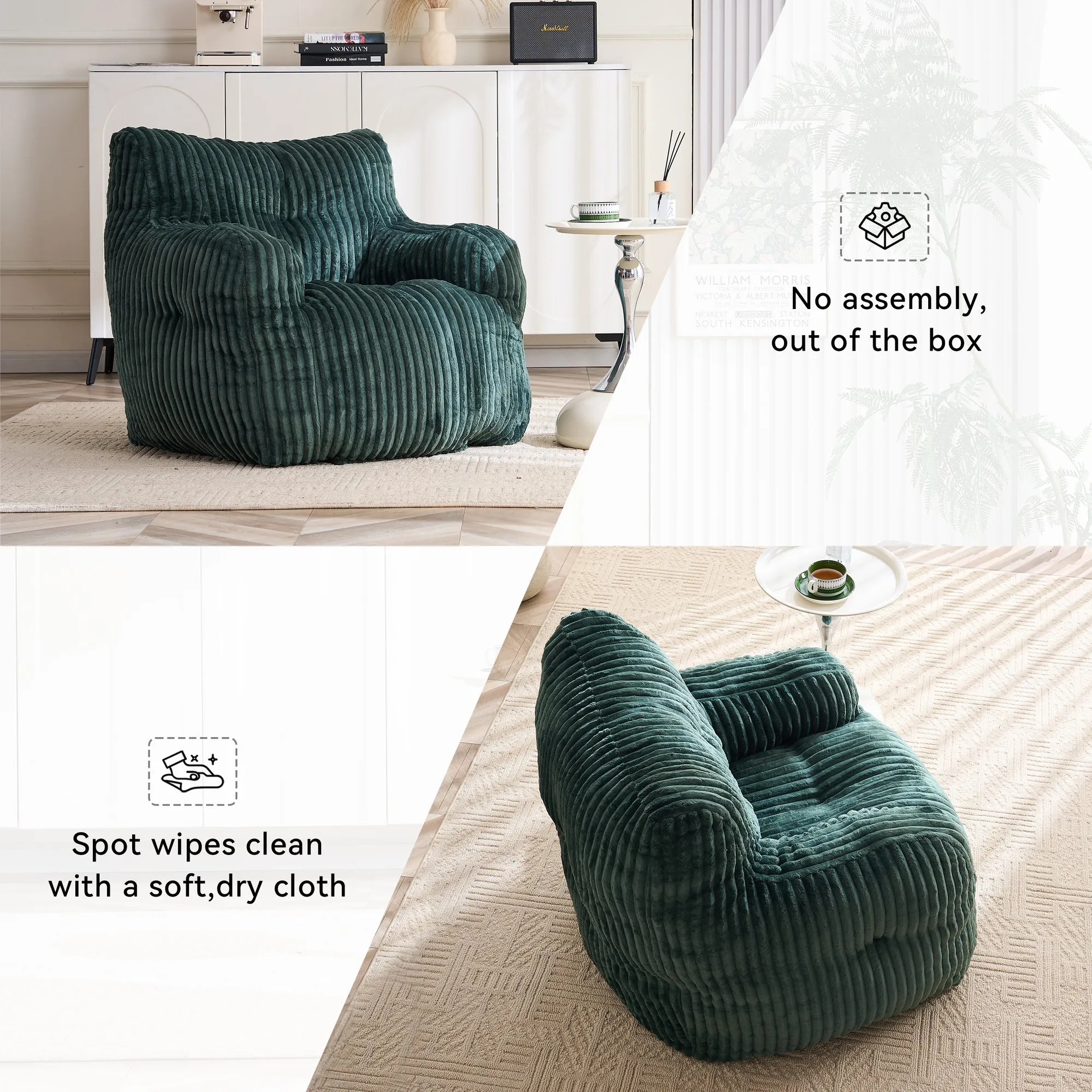 010-Soft Fluffy Corduroy Fabric Bean Bag Chair Filled With Memory Sponge,Green