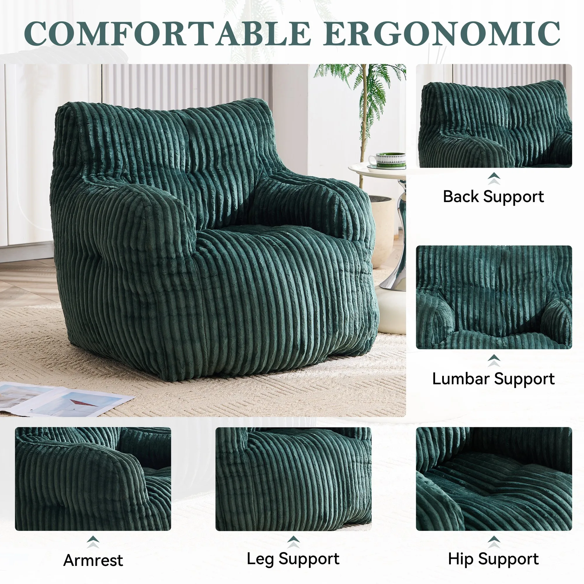 010-Soft Fluffy Corduroy Fabric Bean Bag Chair Filled With Memory Sponge,Green