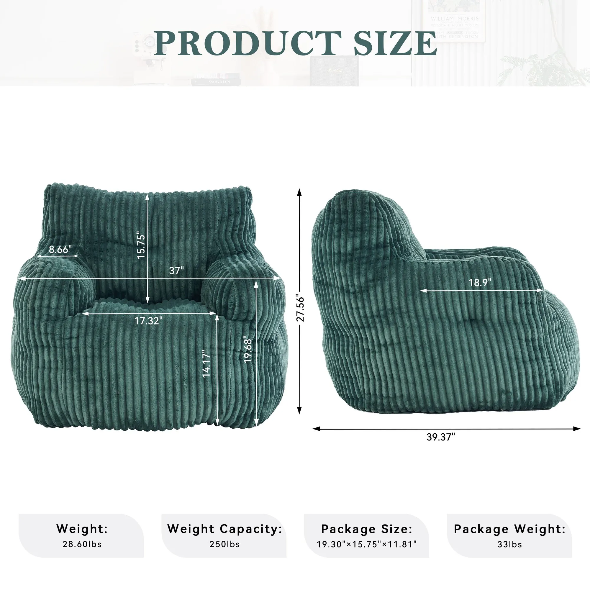 010-Soft Fluffy Corduroy Fabric Bean Bag Chair Filled With Memory Sponge,Green