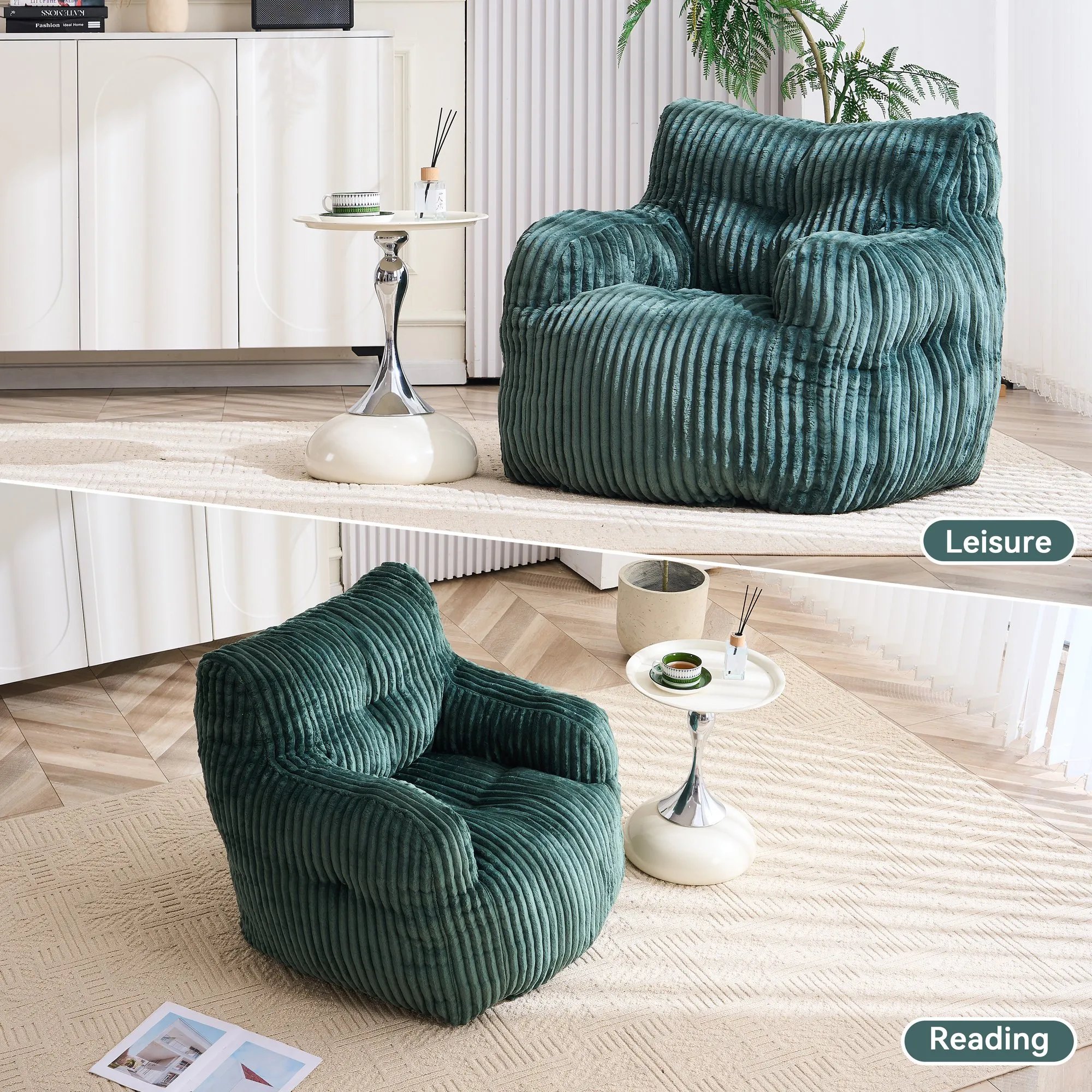 010-Soft Fluffy Corduroy Fabric Bean Bag Chair Filled With Memory Sponge,Green