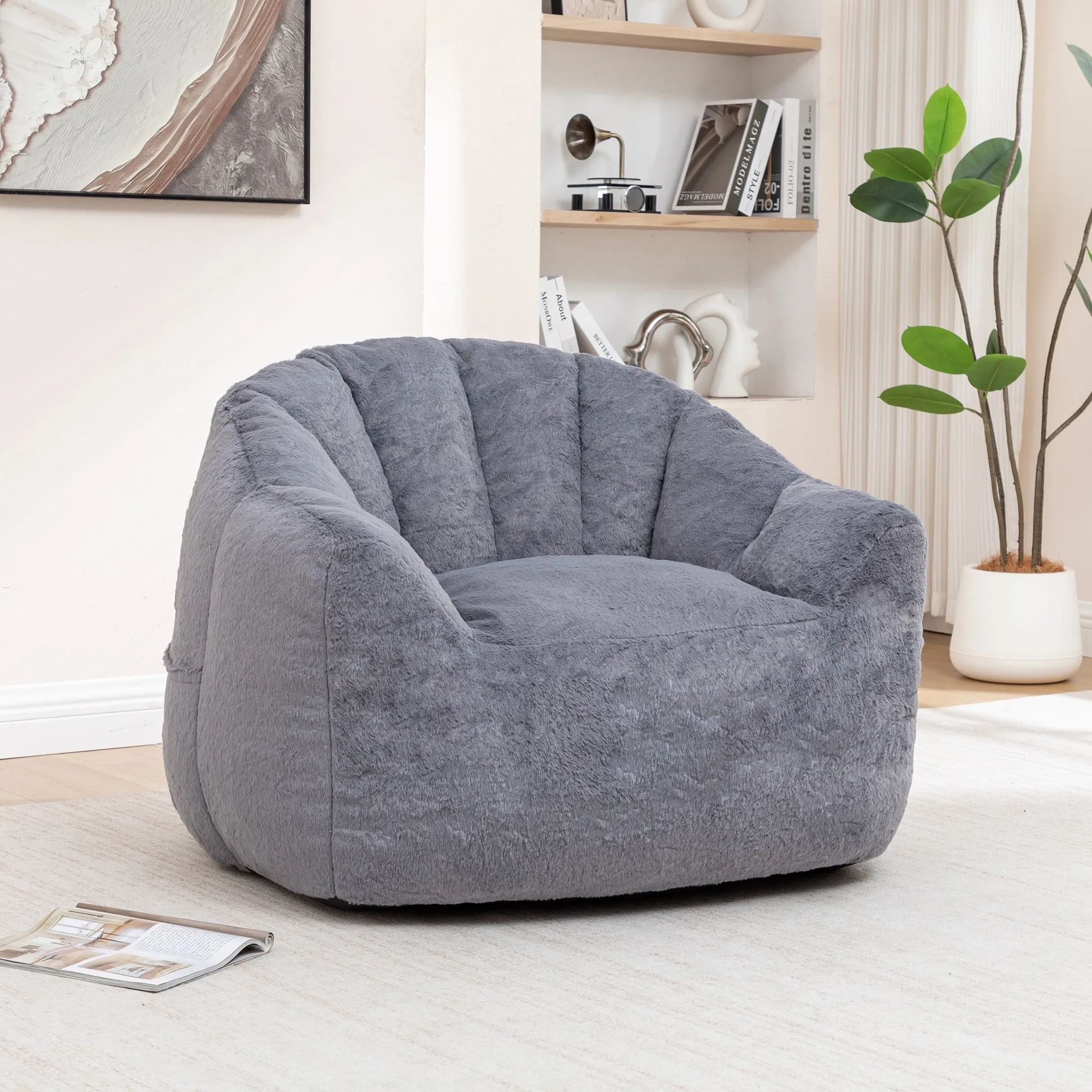 Faux Fur Bean Bag Sofa Chair with Armrests, High-Density Fill